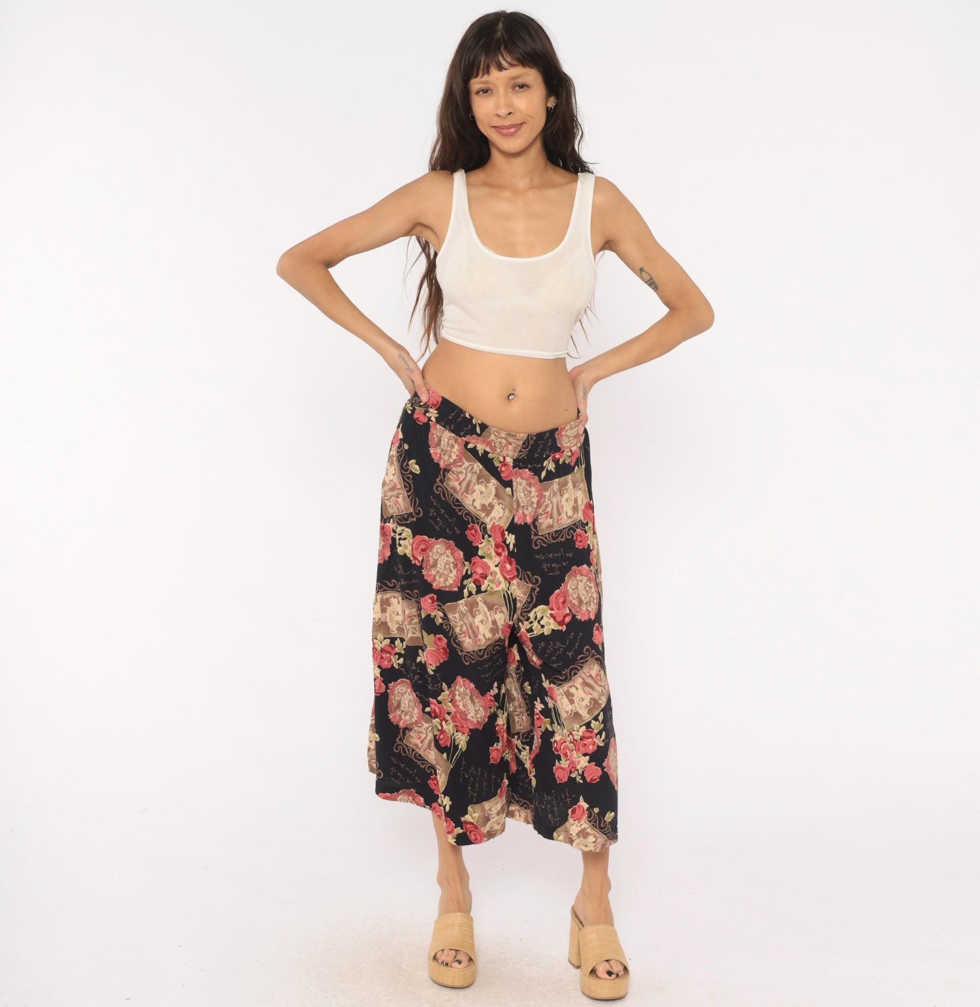 90s Impressions of California Culottes Black Floral Victorian Print Wide Leg Large L