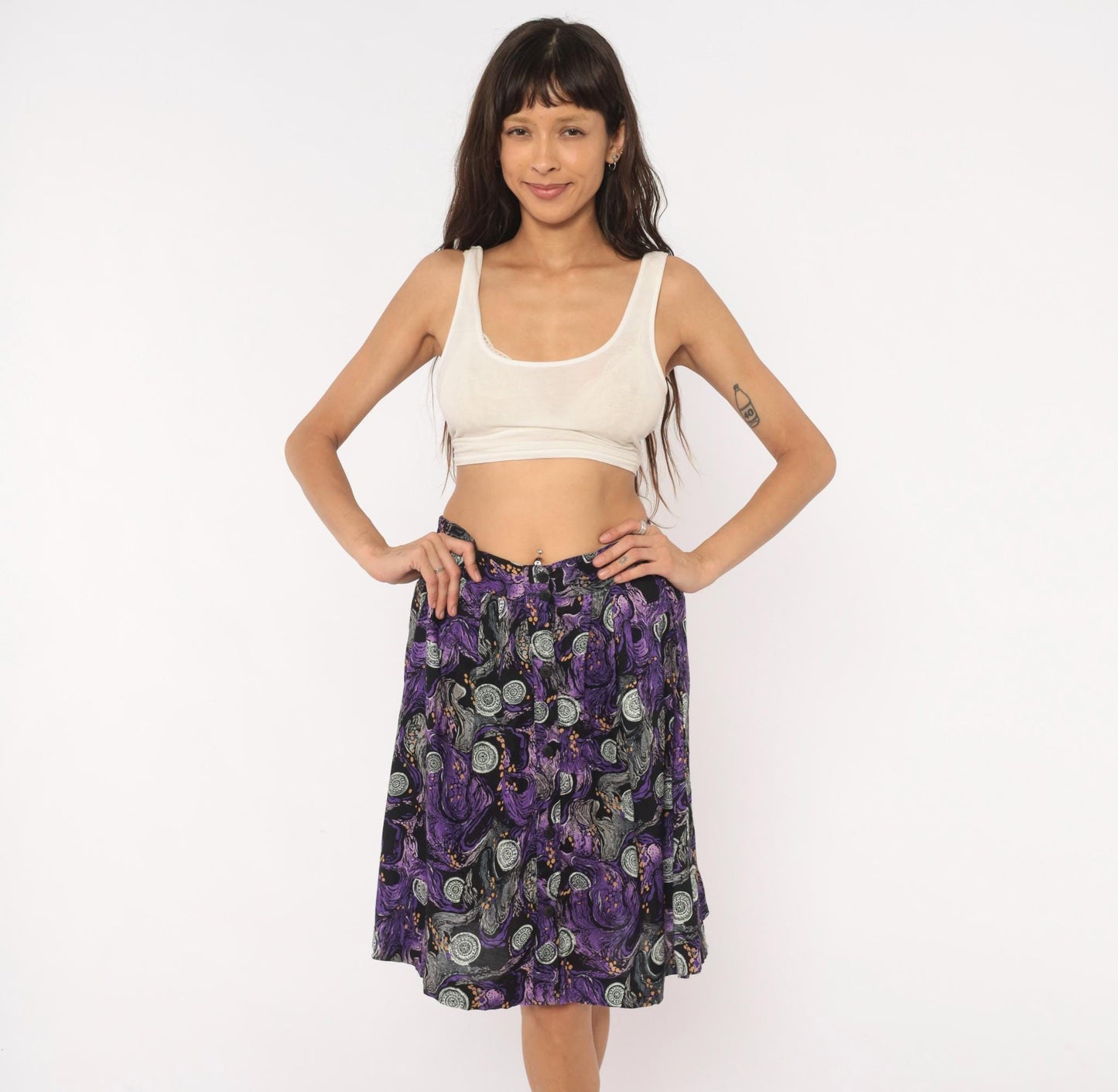 90s A Fine Line Abstract Swirl Mini Skirt Purple Button Front Small