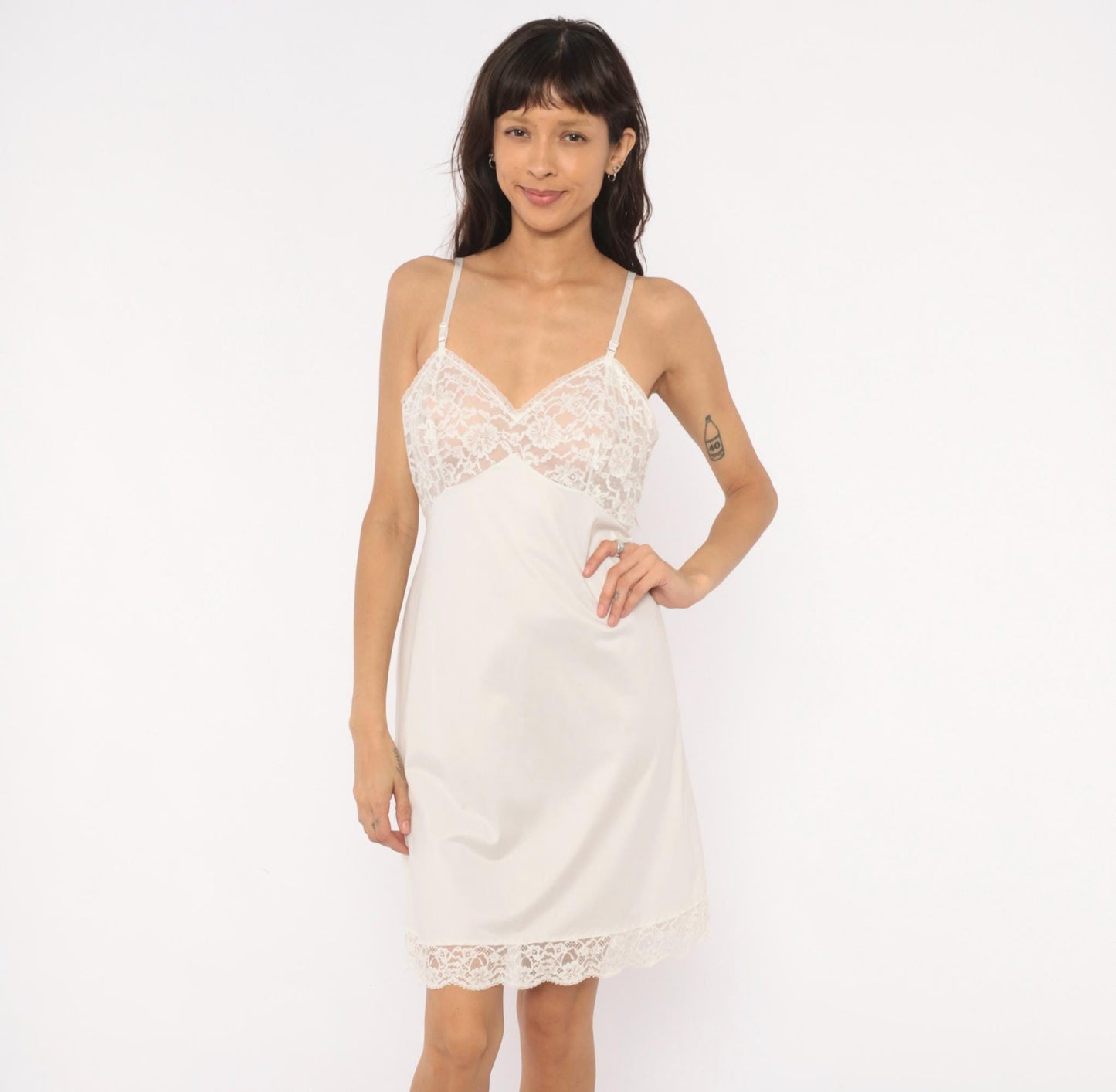 80s Vanity Fair White Lace Slip Dress V-Neck Floral Bodice Small