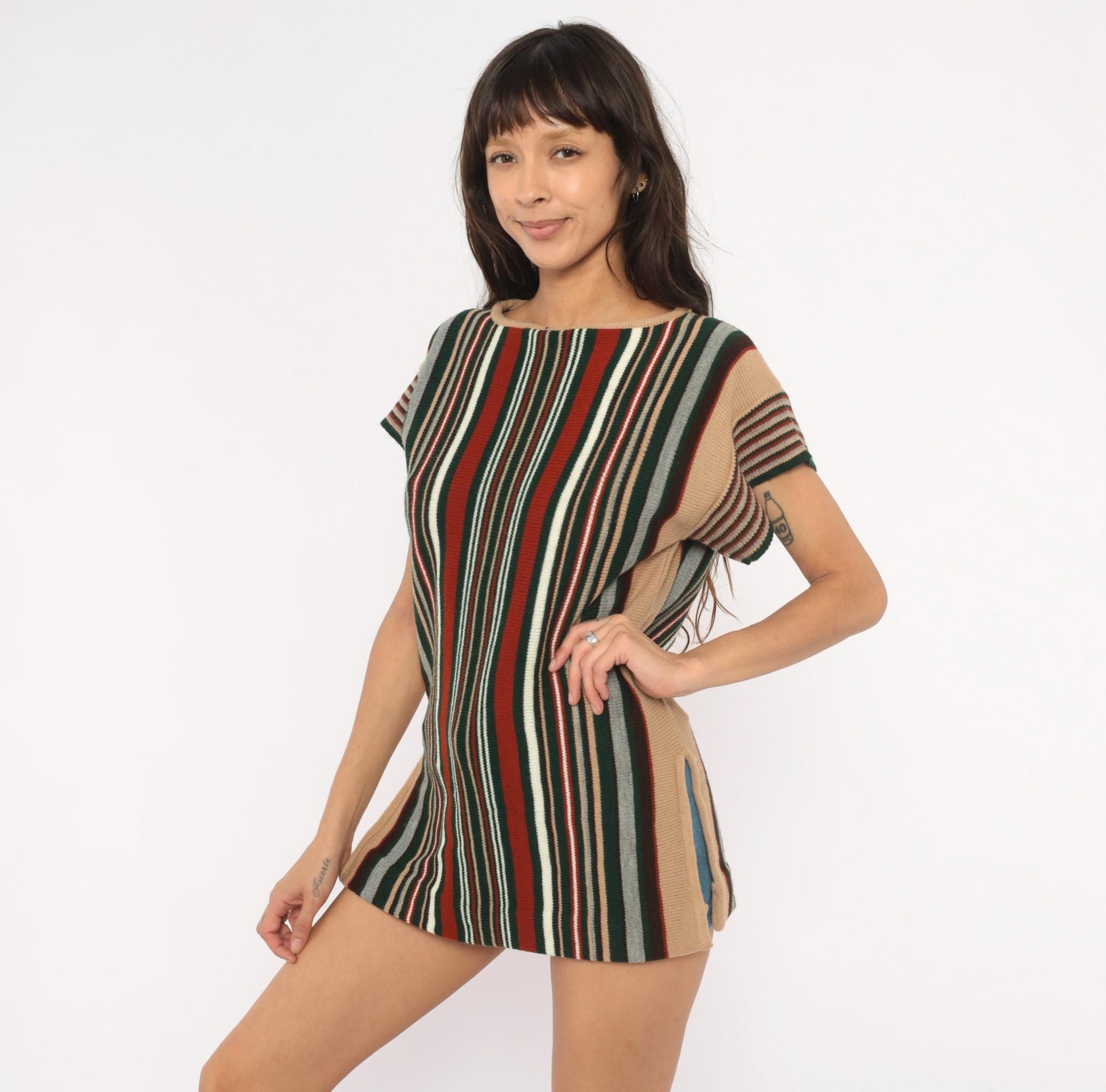 70s Exclusive Designs Striped Knit Tunic Burgundy Olive Cream Small