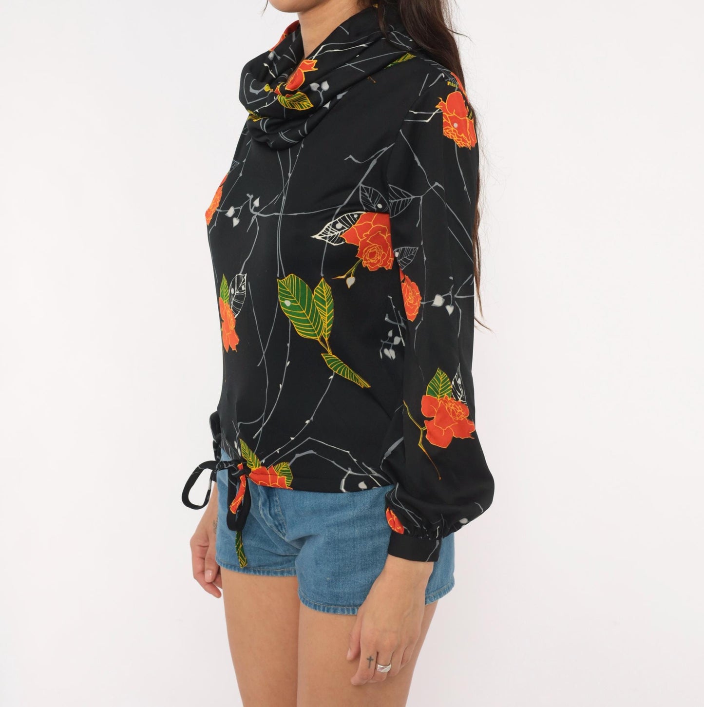 70s Lady Manhattan Cowl Neck Blouse Black Orange Rose Print Long Sleeve Small