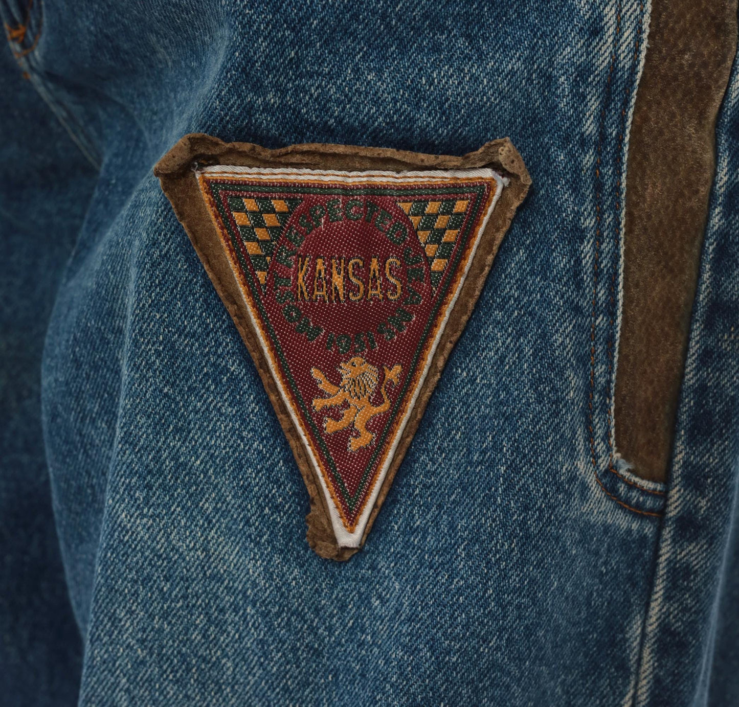 90s Kansas Brand Patchwork Denim Jeans High-Waisted Tapered Blue Suede Trim Small