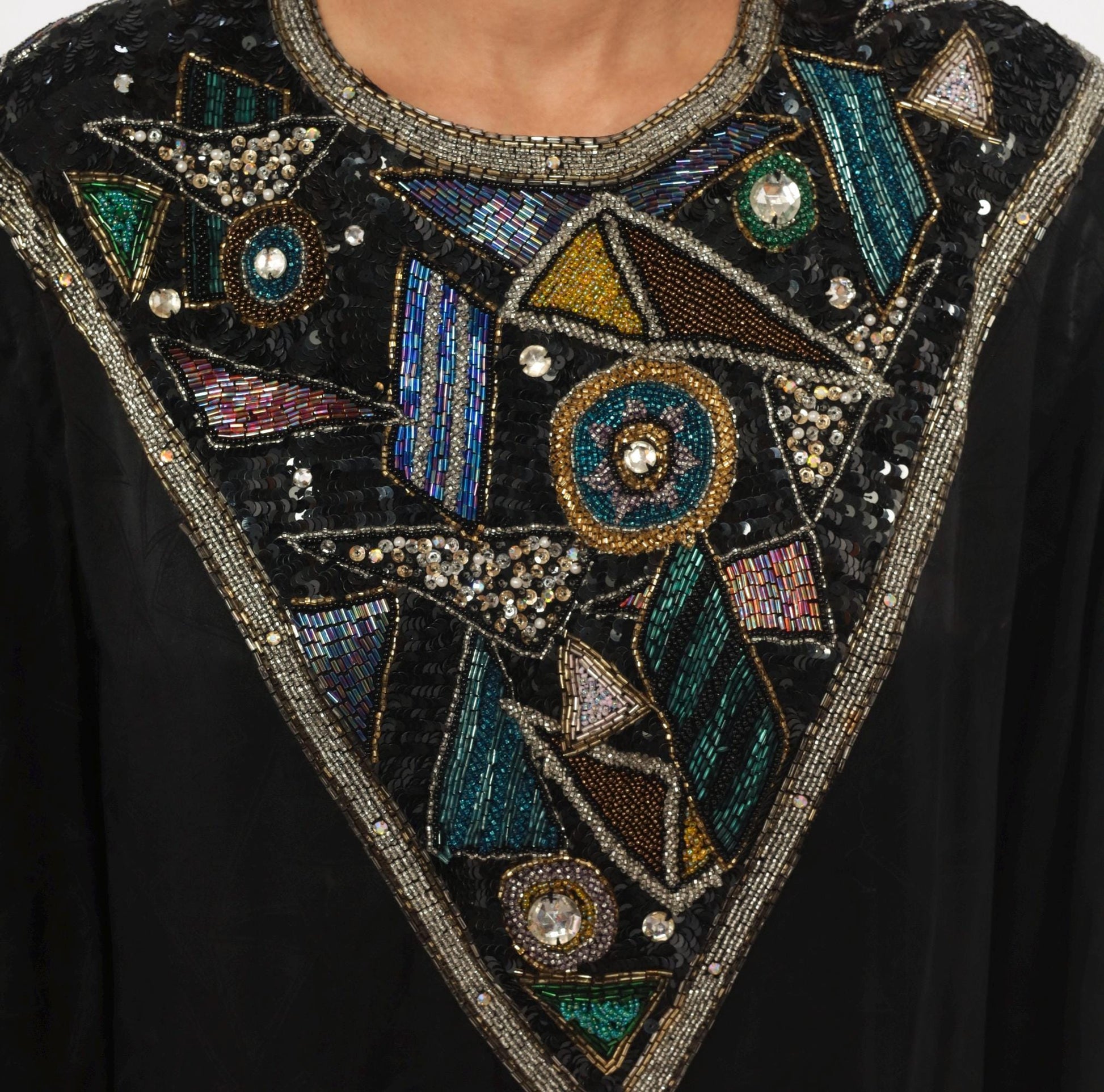 90s D'Ore Black Silk Beaded Shift Dress Geometric Sequin Bib Large L