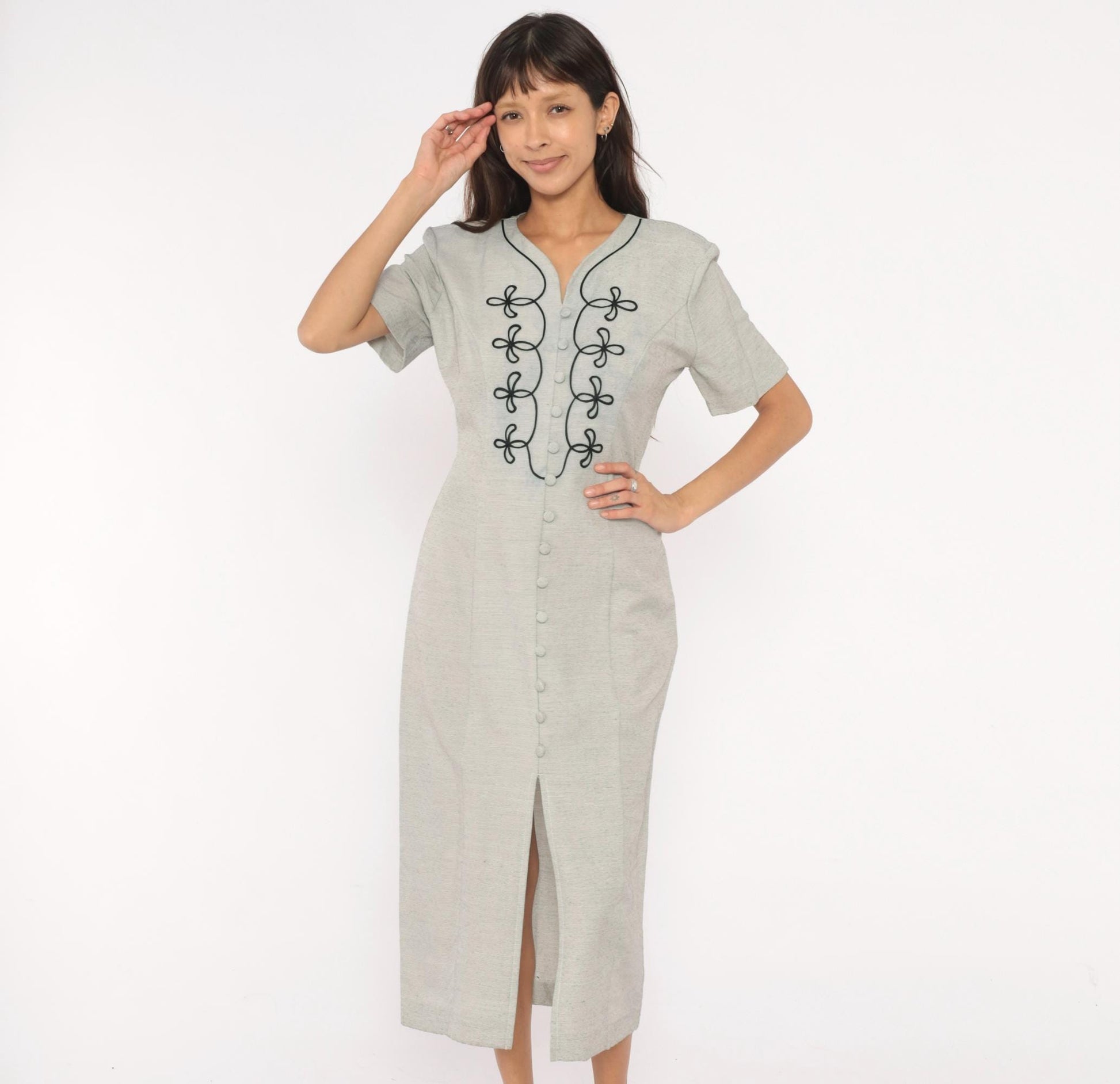 90s DJI Grey Midi Dress Soutache Embroidered Button Front V Neck Medium M