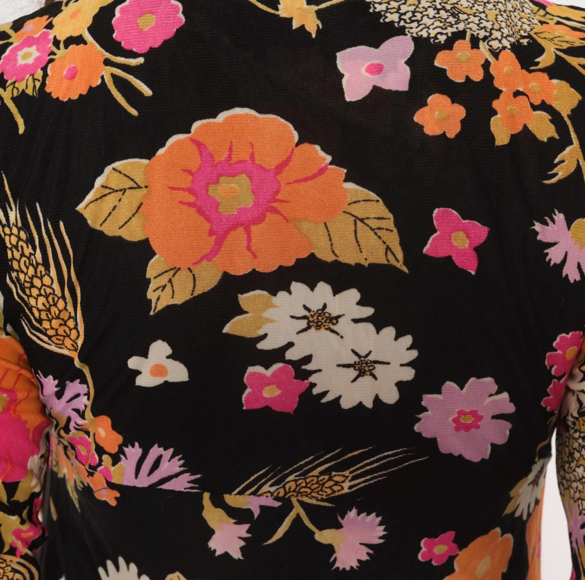 70s The Company Floral Mini Dress Black Pink Orange V-Neck Long Sleeve Small