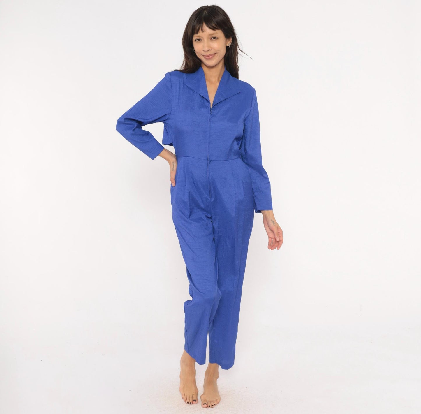 80s Joan Walters Cobalt Jumpsuit Long Sleeve Pleated Tapered Small