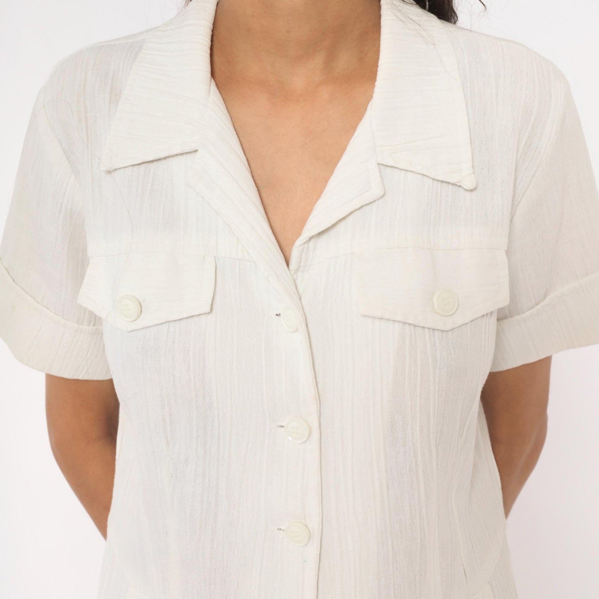 70s White Cotton Linen Jumpsuit Button Front Wide Leg Camp Collar Medium M