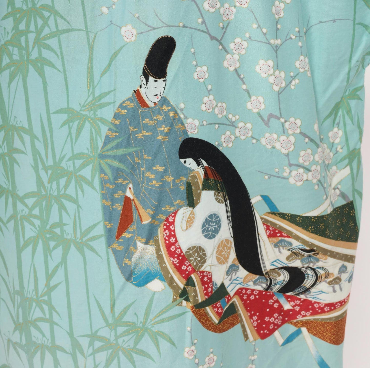 70s Hayashi Kimono Robe Blue Cotton Ukiyo-e Geisha Print Knee-Length Small