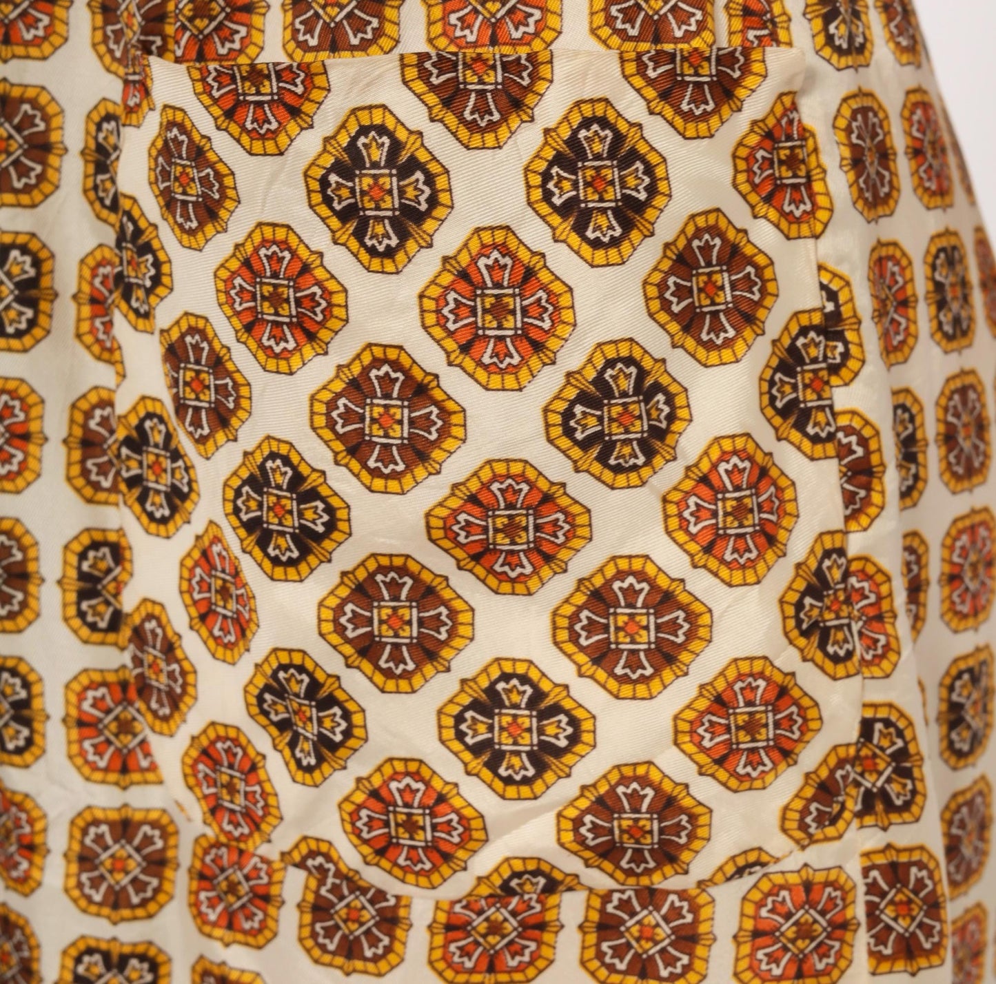 60s Medallion Tile Print Mini Dress Cream Mustard Brown Fitted Waist Small