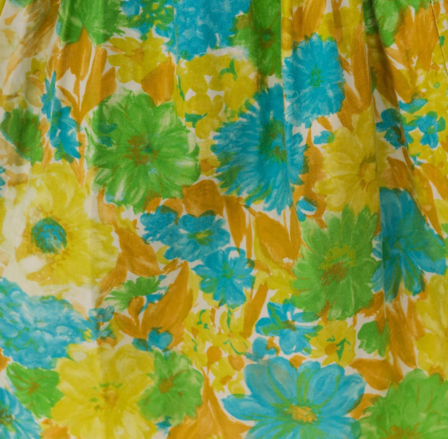 60s Floral Fit-and-Flare Sundress Daisy Print Yellow Green Blue Cotton XS