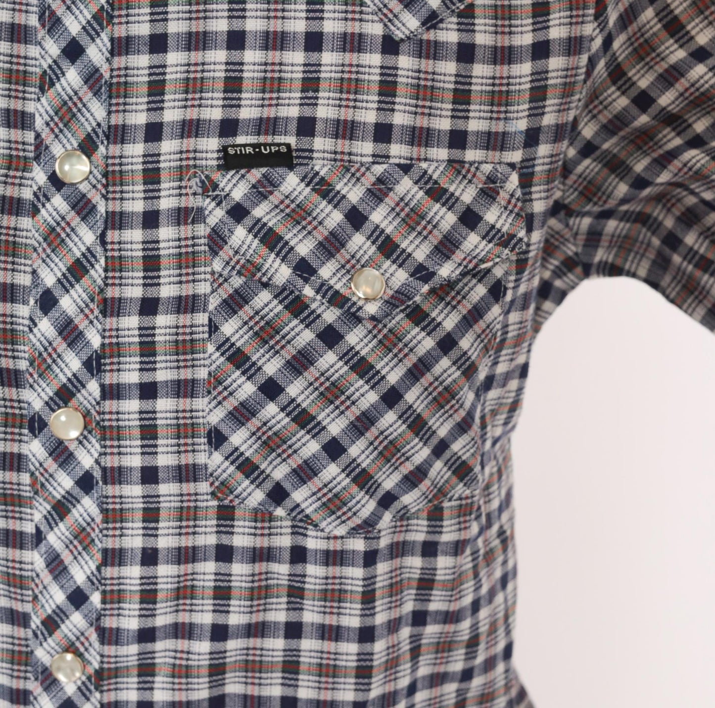 80s Stir Ups Western Plaid Pearl Snap Shirt Navy White Check Cotton Medium