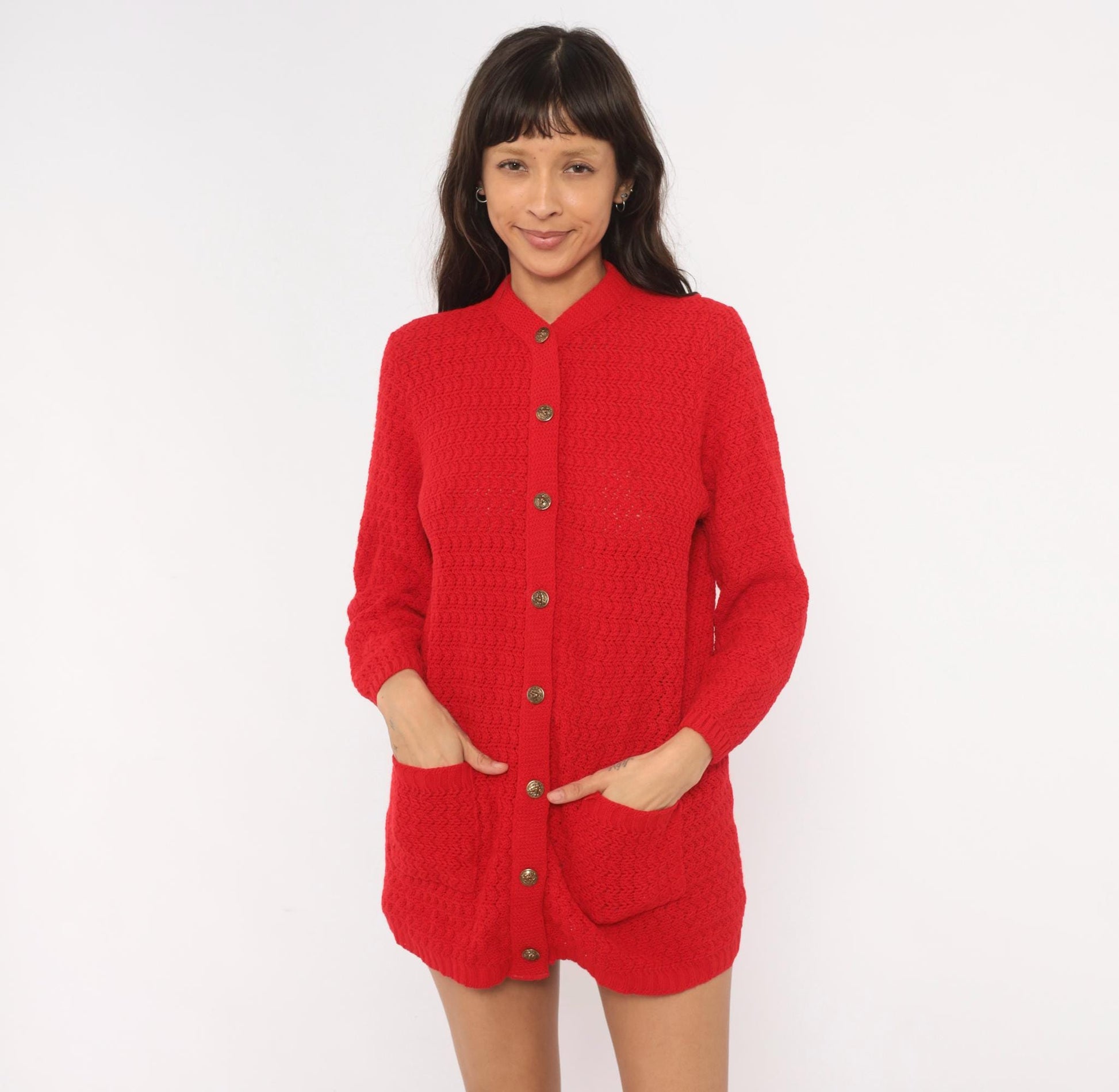 70s Bans Knits Red Cardigan Gold Buttons Mandarin Collar Textured Medium M