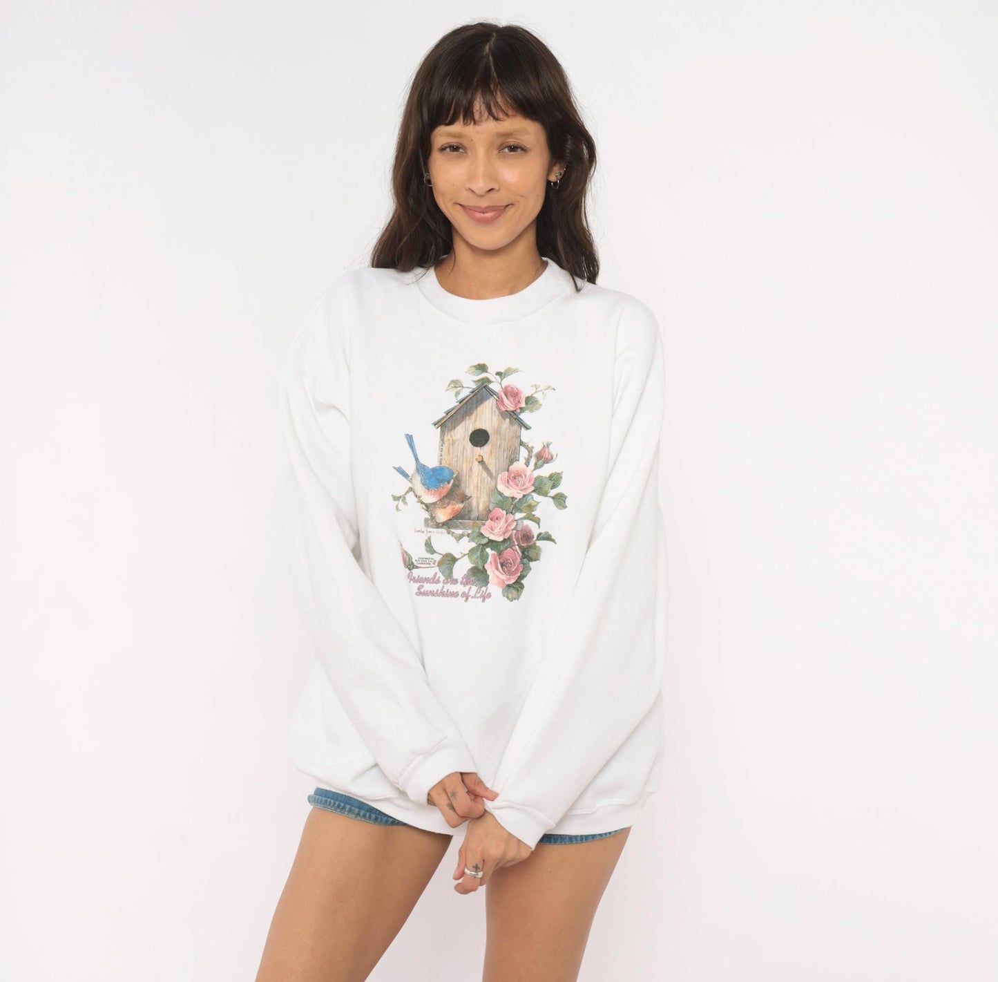 90s Birdhouse Roses Crewneck Sweatshirt White Graphic Floral Extra Large