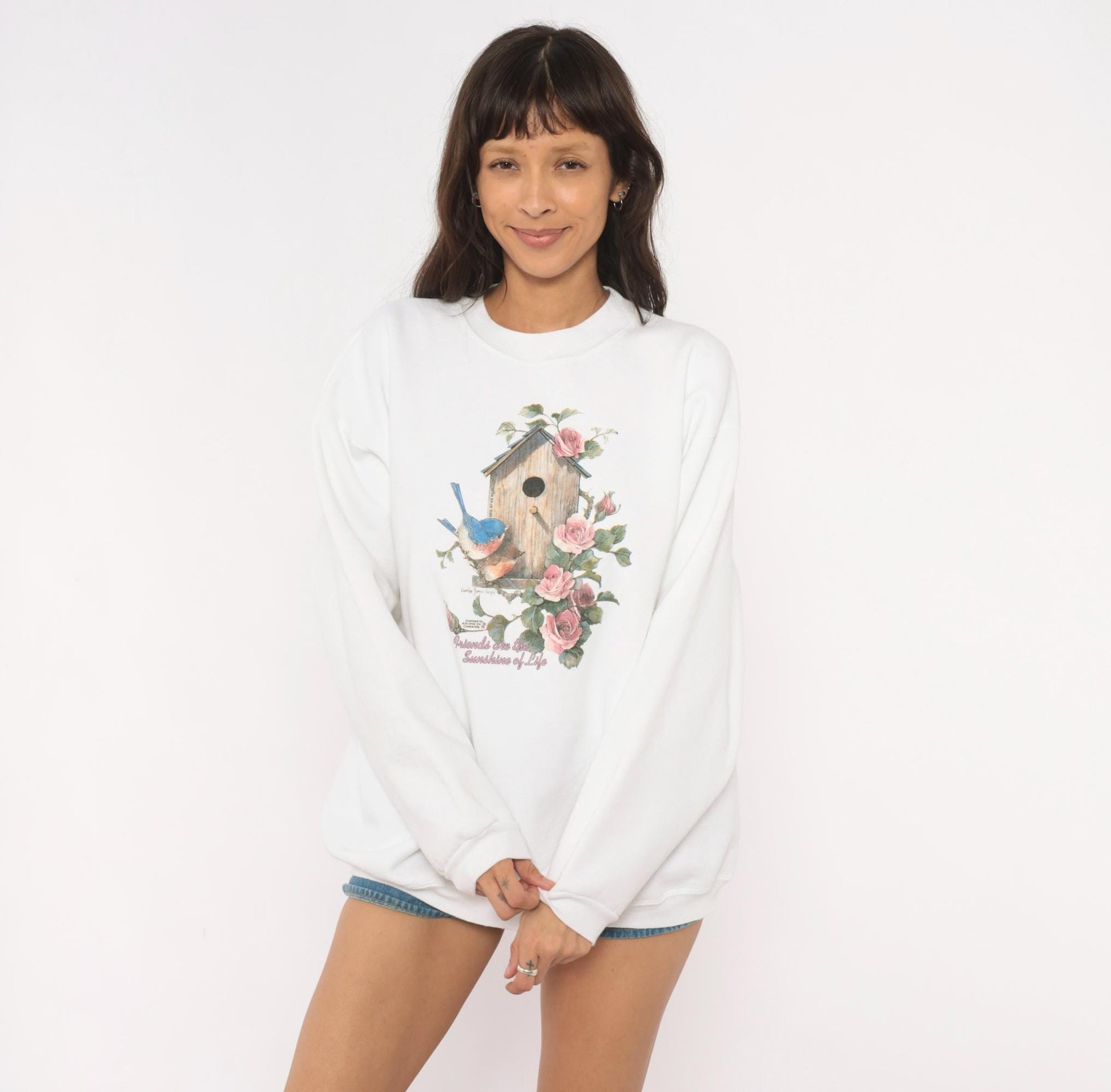 90s Birdhouse Roses Crewneck Sweatshirt White Graphic Floral Extra Large