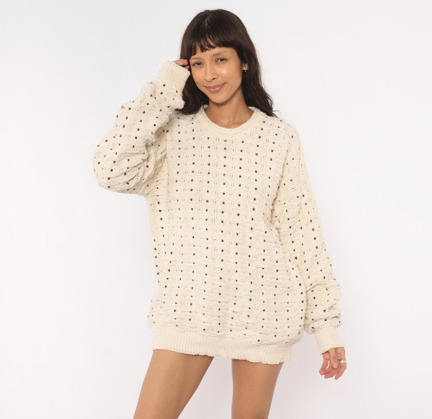 90s CJ Cotton Company Polka Dot Crewneck Sweater Cream Extra Large XL