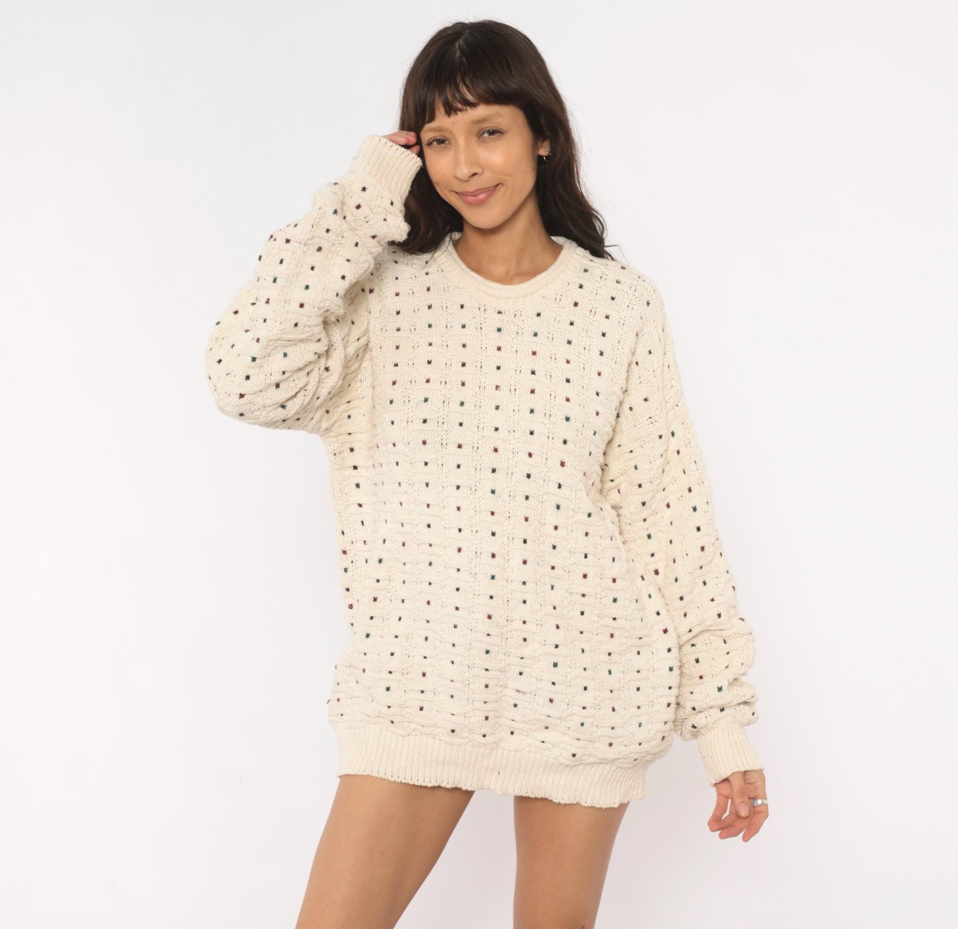 90s CJ Cotton Company Polka Dot Crewneck Sweater Cream Extra Large XL