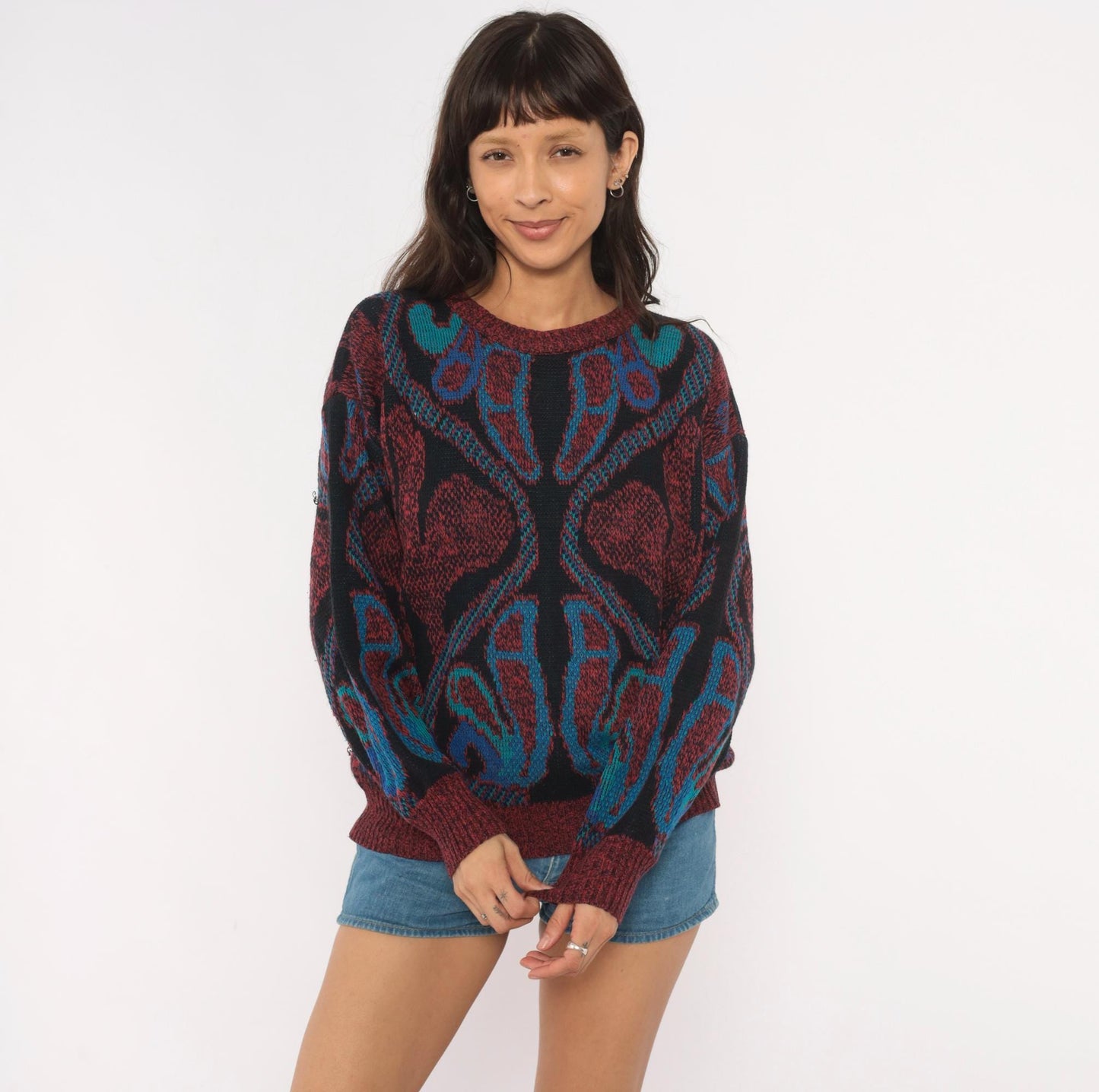 80s City Streets Abstract Knit Sweater Burgundy Teal Intarsia Medium