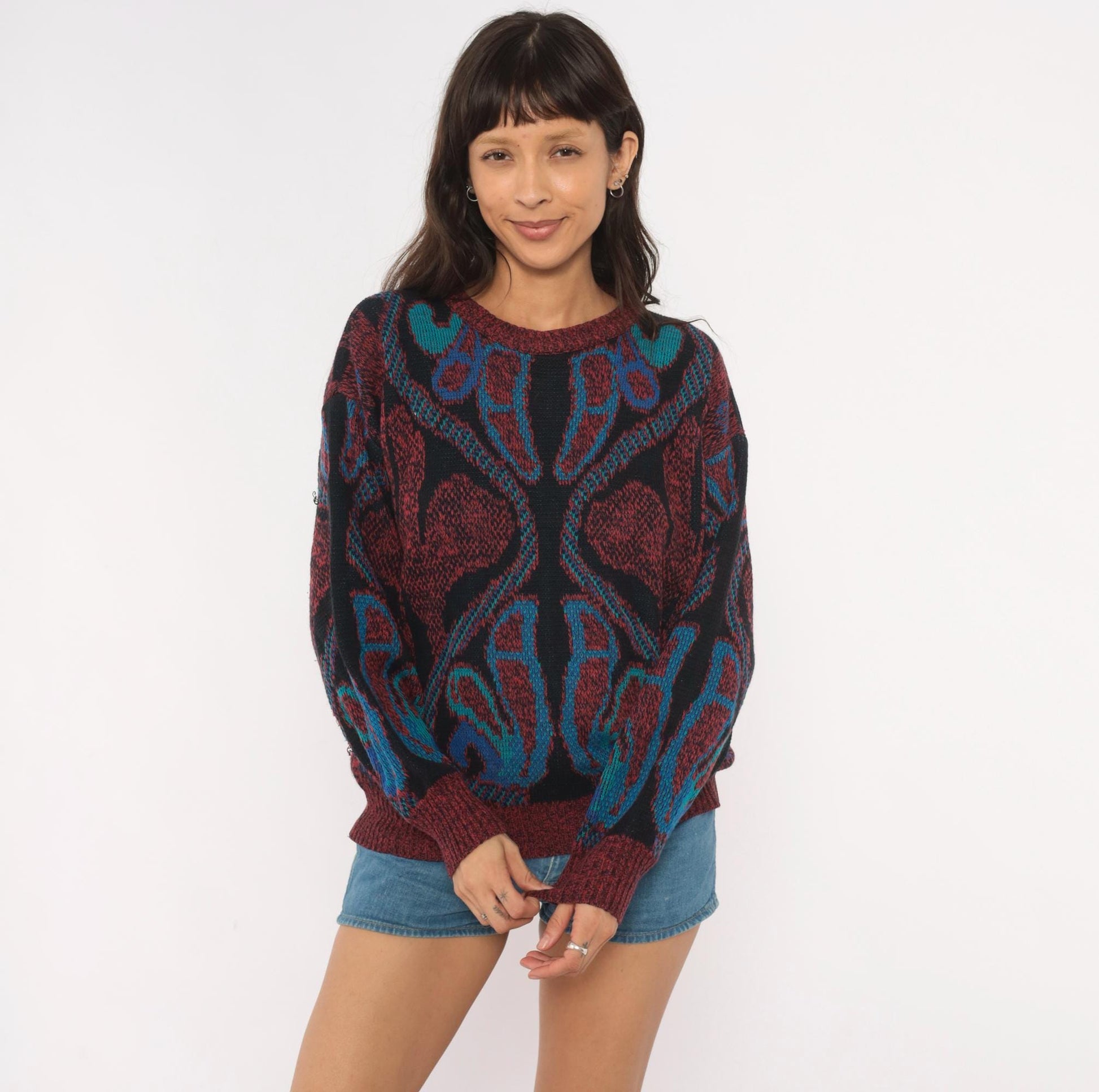 80s City Streets Abstract Knit Sweater Burgundy Teal Intarsia Medium
