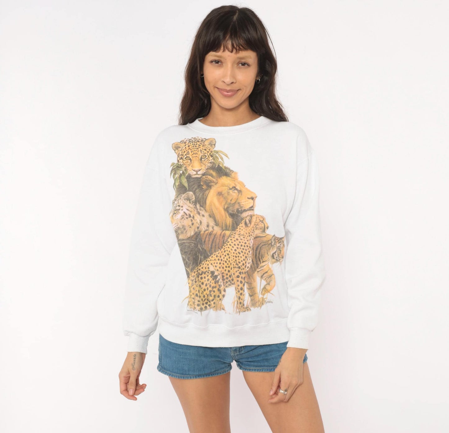 90s Big Cats Wildlife Sweatshirt Lion Leopard Tiger Cheetah White Cotton Medium