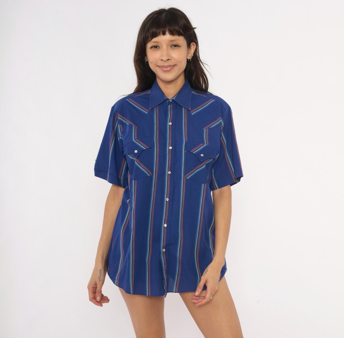 90s Ely Cattleman Western Snap Shirt Cobalt Blue Striped Pearl Button Medium M