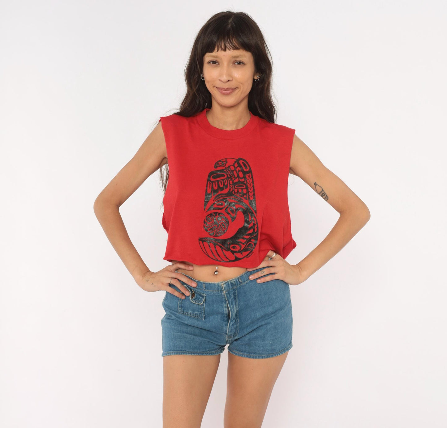 80s Healthknit Red Crop Tank Tribal Totem Print Black Sleeveless Small