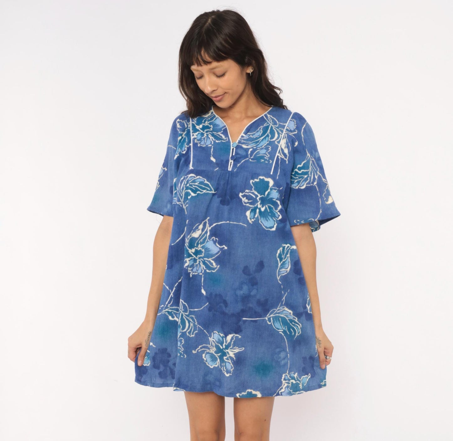 80s Sidan Blue Floral Shift Dress Flutter Sleeve Empire Waist Medium M