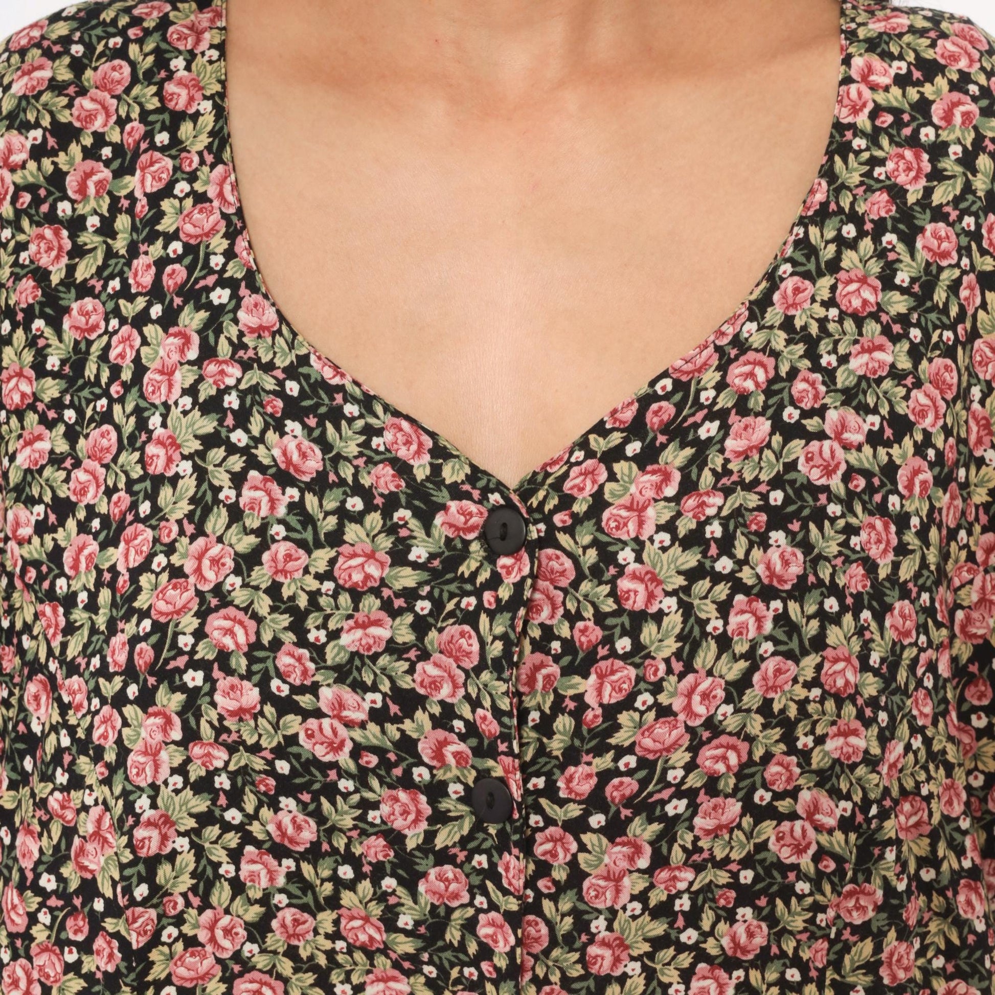 90s Ulterior Motives Floral Dress Black Pink Rose Print V Neck Flutter Sleeve Knee Length Large