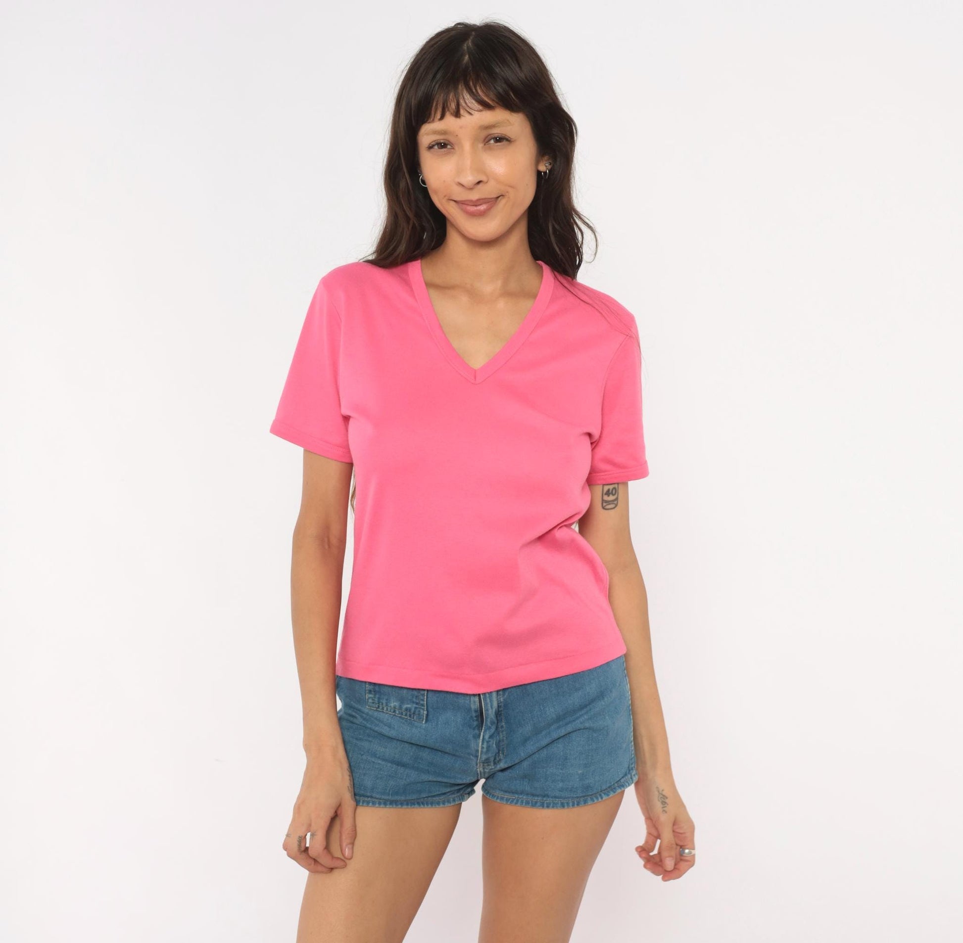 80s Hot Pink V-Neck Tee Short Sleeve Cotton Blend Fuchsia Pullover Large L