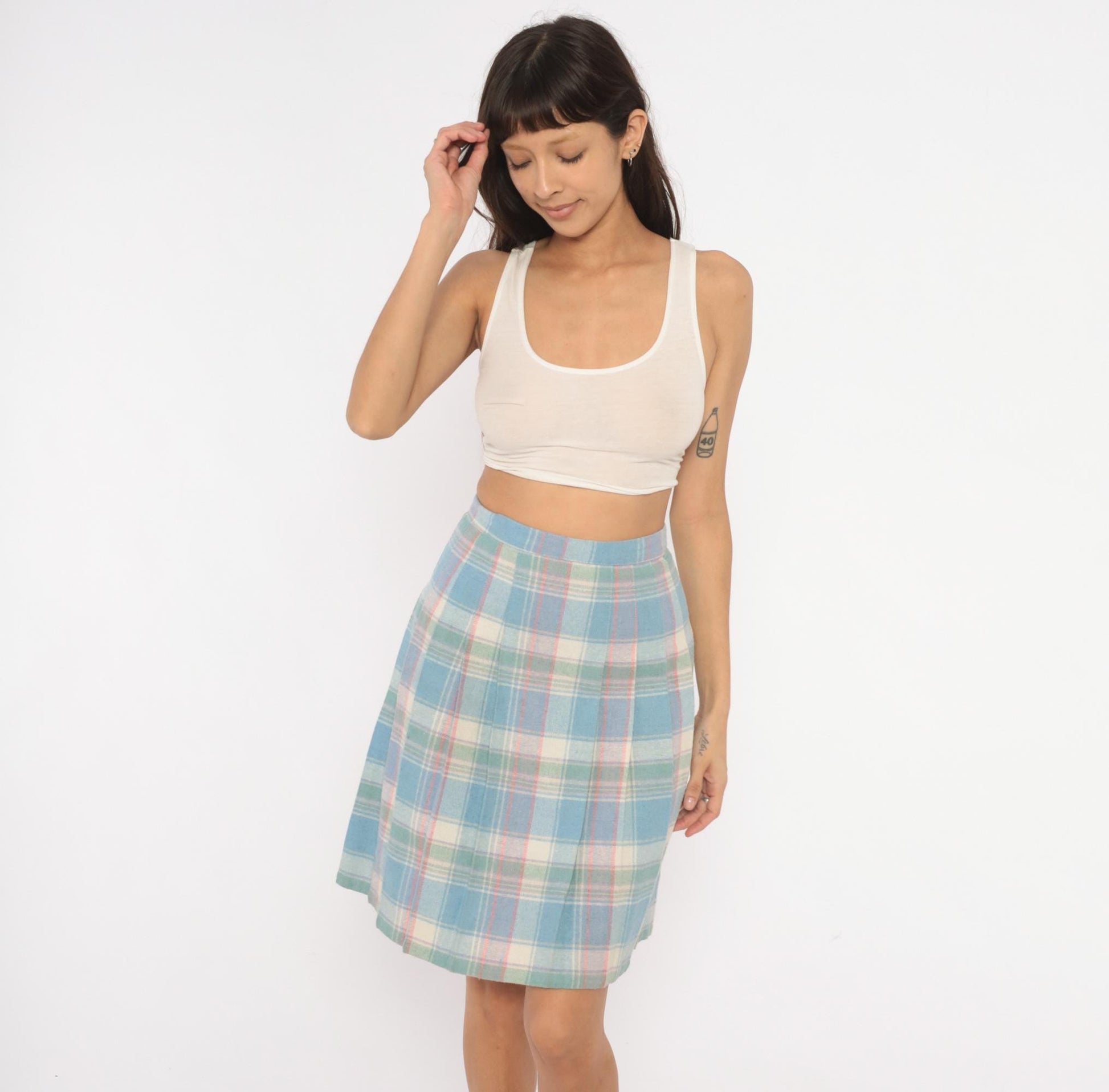 90s Pastel Plaid Pleated Skirt Wool Blend Blue Pink Green Tartan Knee-Length Extra Small