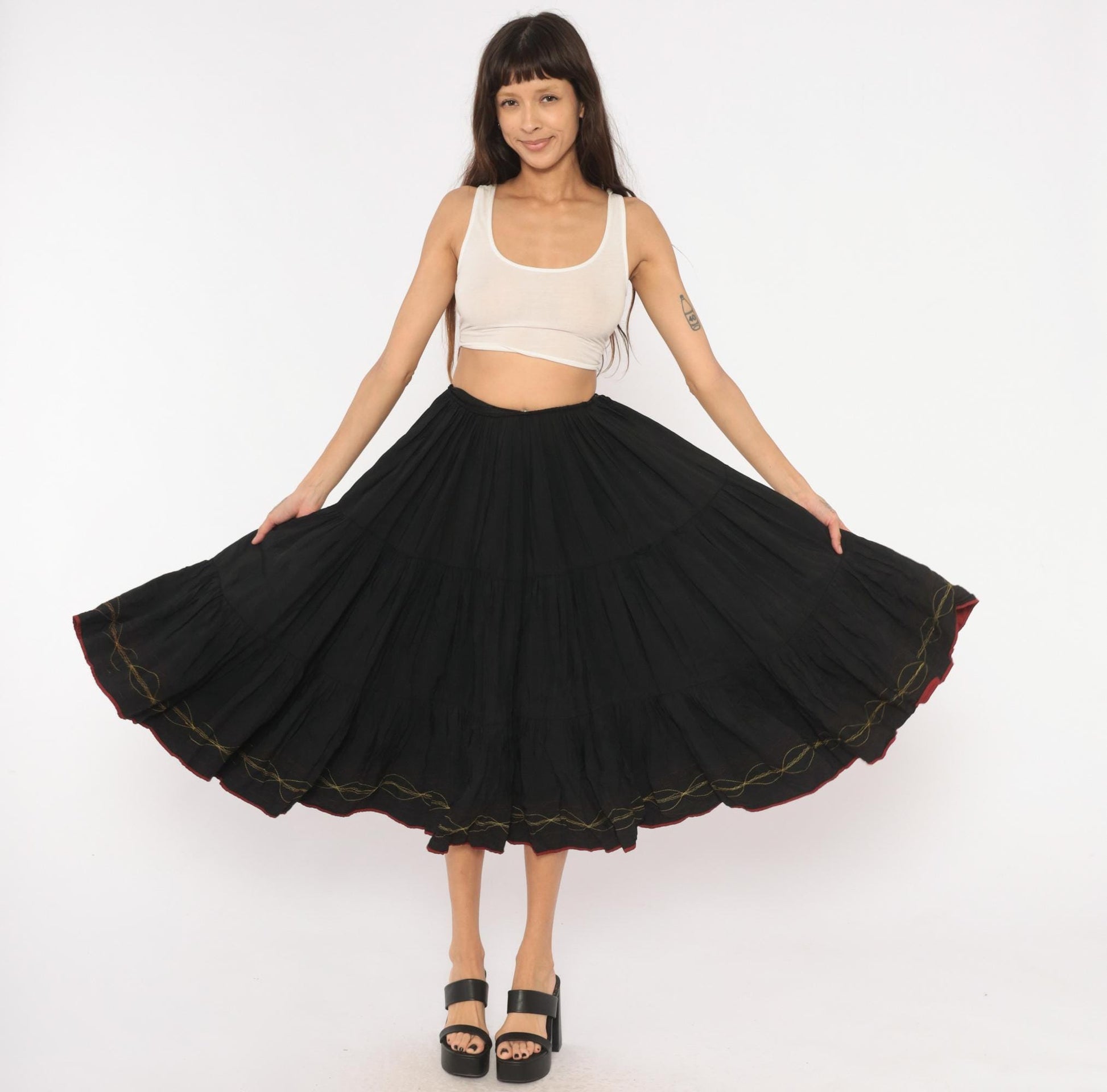 60s Black Tiered Midi Skirt Gold Embroidered Gathered Waist Acetate Extra Small XS