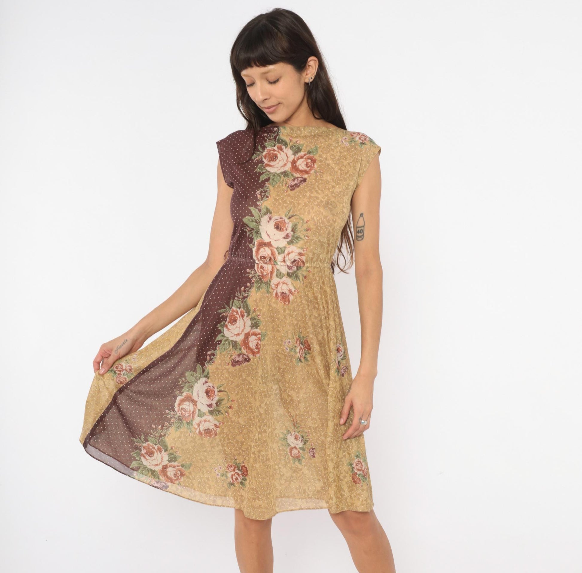 80s Melissa Petites Floral Polka Dot Dress Tan Burgundy Cap Sleeve Small