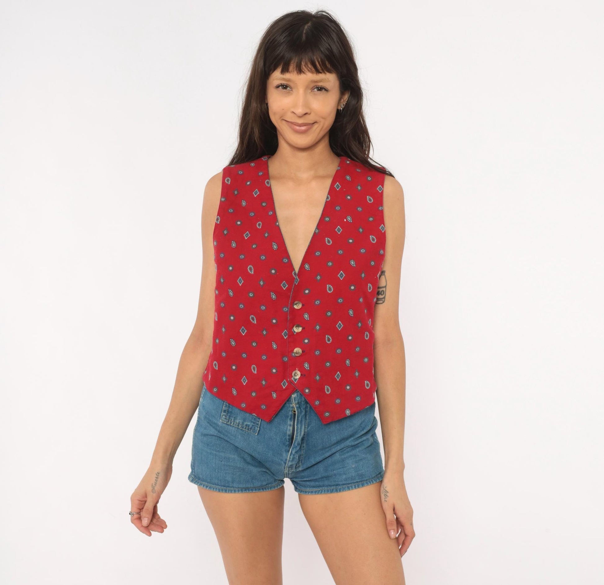 80s Van Heusen Reversible Denim Vest Navy Blue Red Paisley Cotton Small