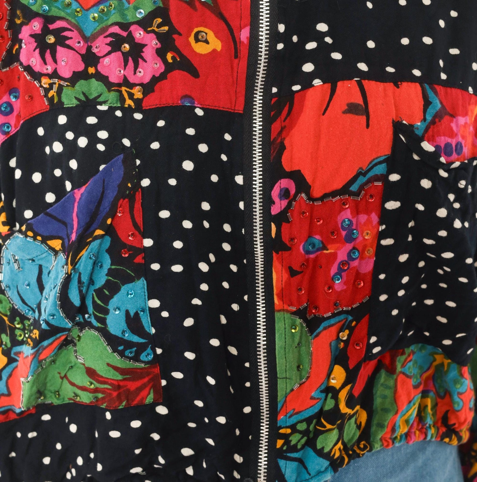 90s Tarazzia Patchwork Bomber Jacket Sequin Polka Dot Floral Small
