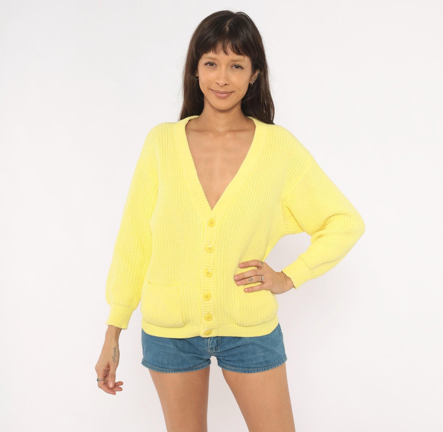 80s Benetton Pale Yellow Cotton Cardigan V-Neck Chunky Ribbed Large L