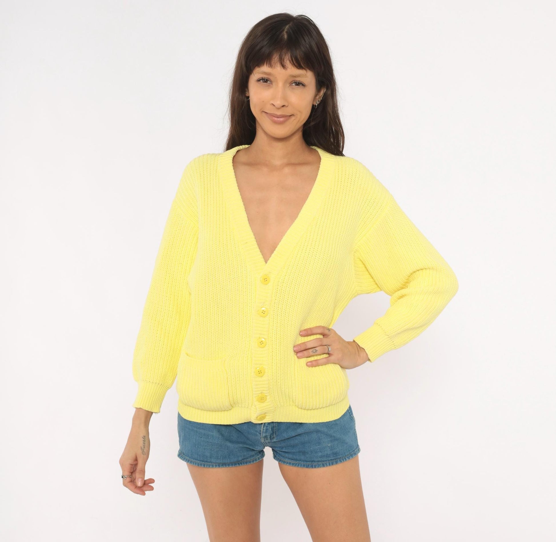 80s Benetton Pale Yellow Cotton Cardigan V-Neck Chunky Ribbed Large L