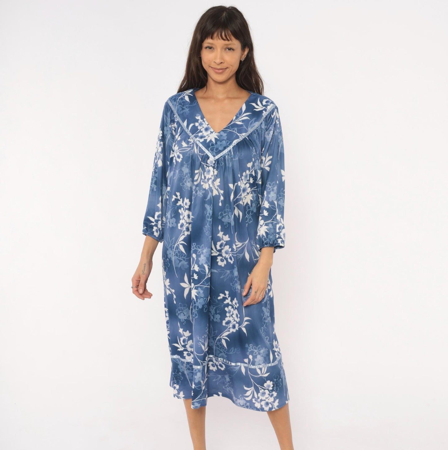 90s Blue White Floral Nightgown Lace Trim Mid-Calf Botanical Gown Medium XL