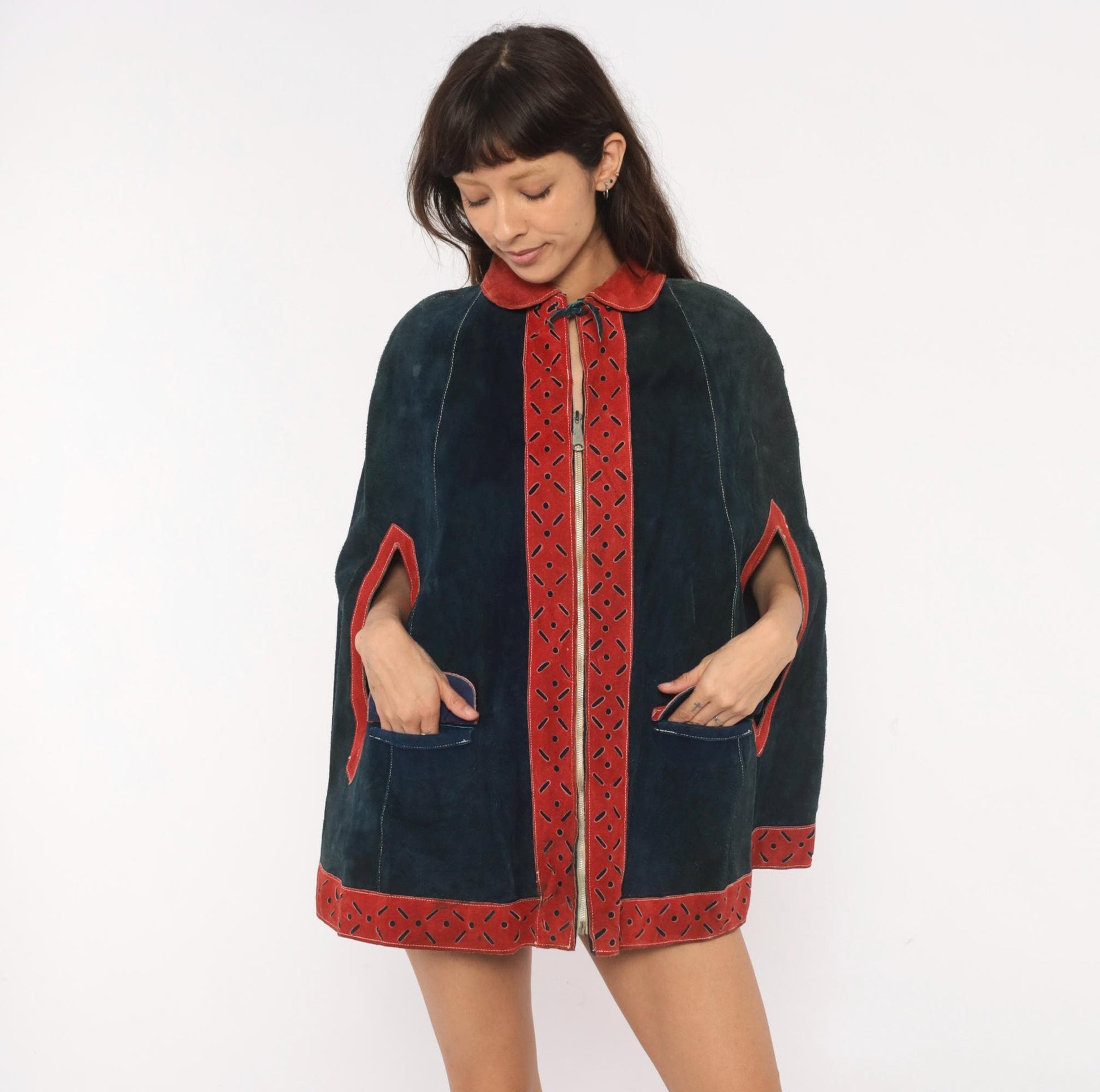 1970s Navy Suede Cape Red Leather Trim Peter Pan Collar Mod Poncho Small