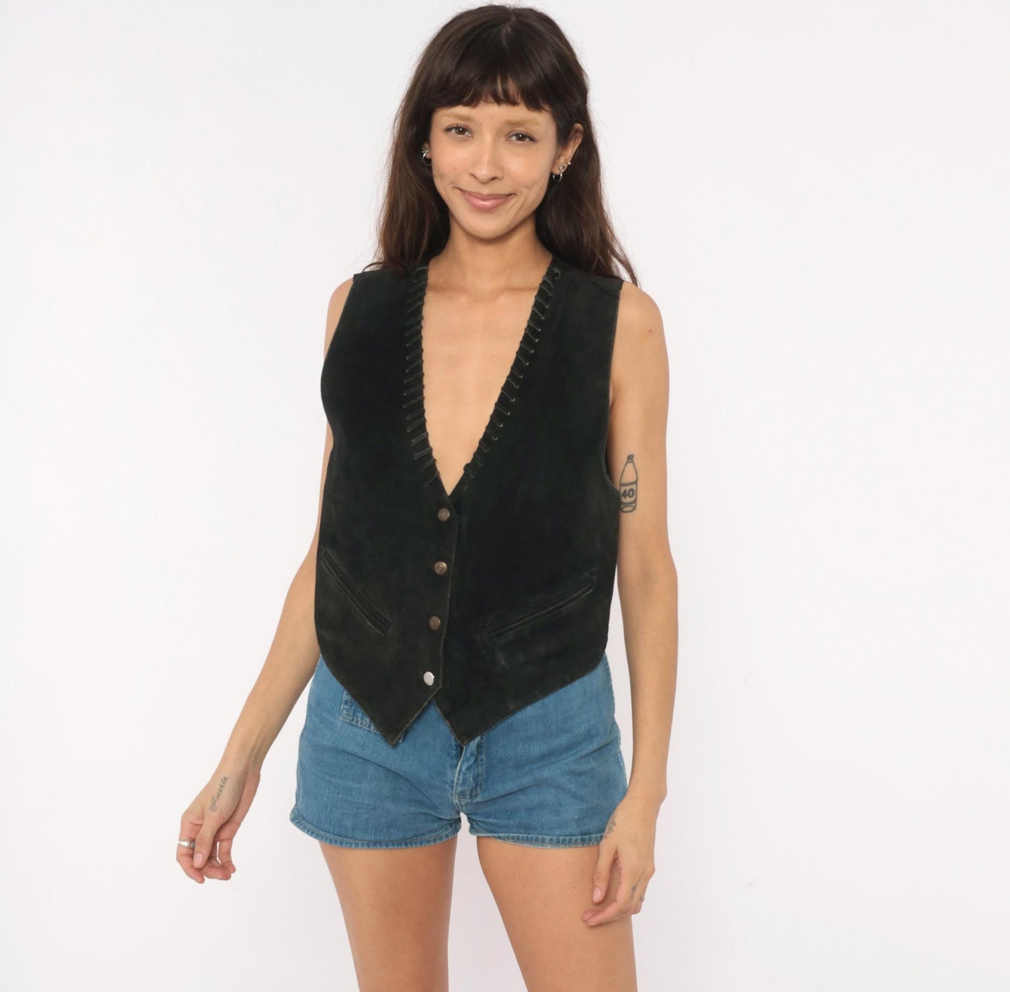 90s Black Suede Vest Whipstitch Snap Front Western Small S