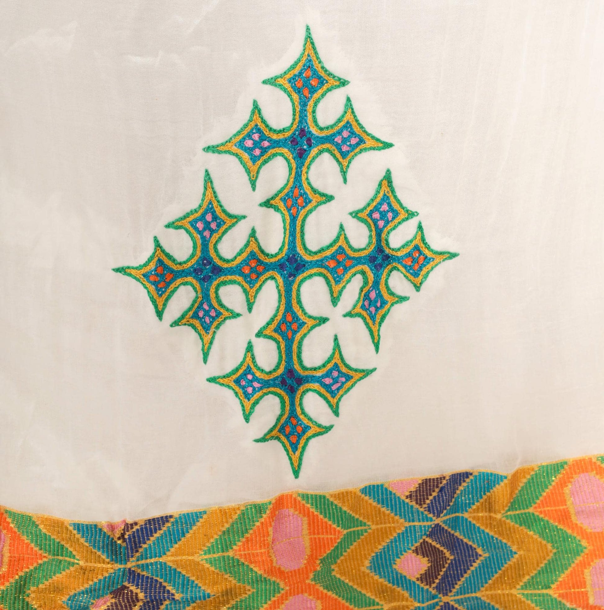 90s White Cotton Gauze Halter Midi Dress Embroidered Cross Geometric Trim Small