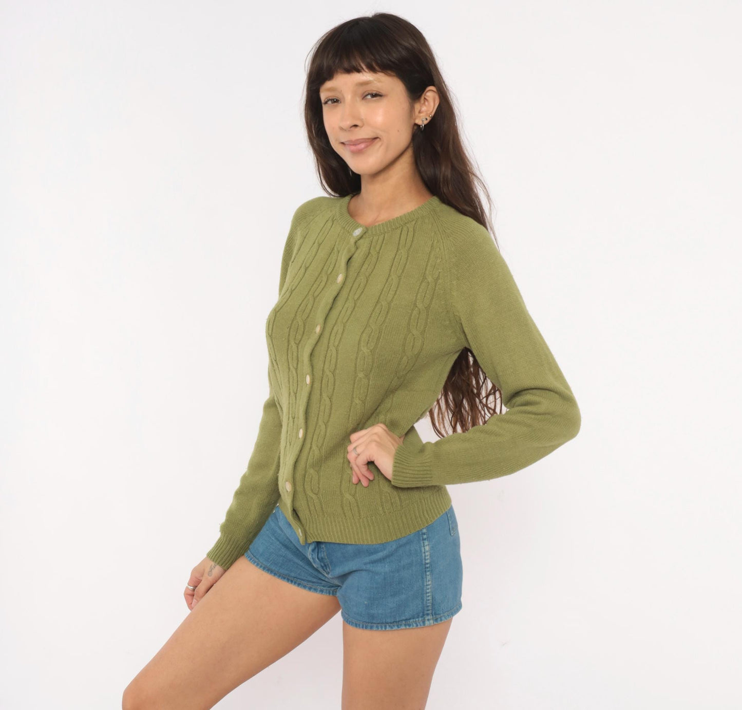 80s Olive Cable Knit Cardigan Crew Neck Button Front Raglan Sleeve Extra Small