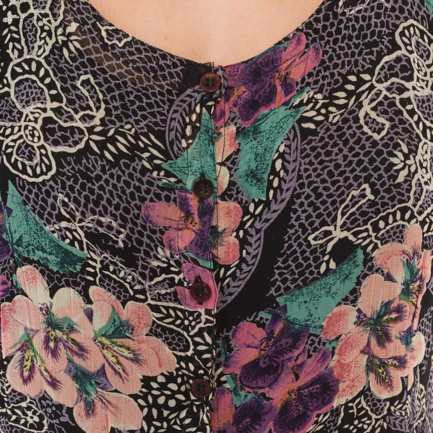 90s Nostalgia Floral Midi Dress Button Front Short Sleeve Purple Pink Teal Medium