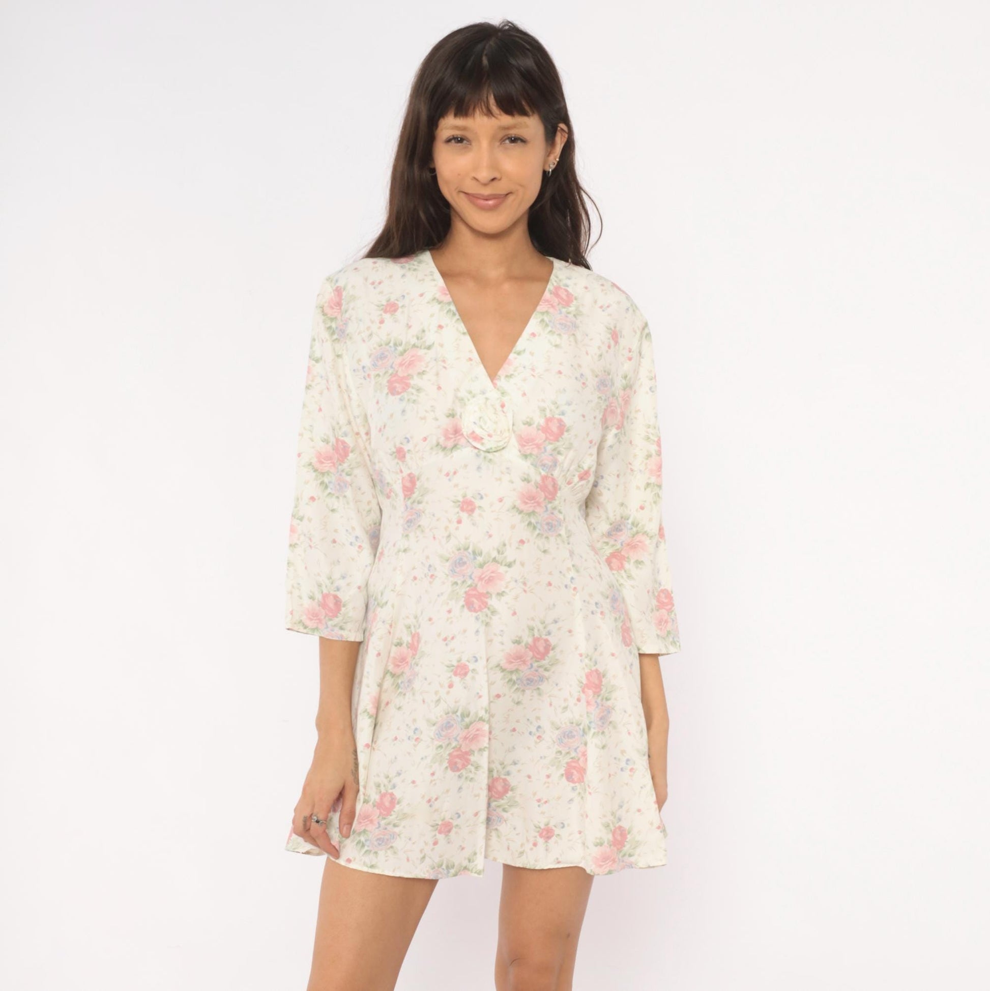 90s Eber Rose Floral Mini Dress Cream V-Neck Rosette Large L