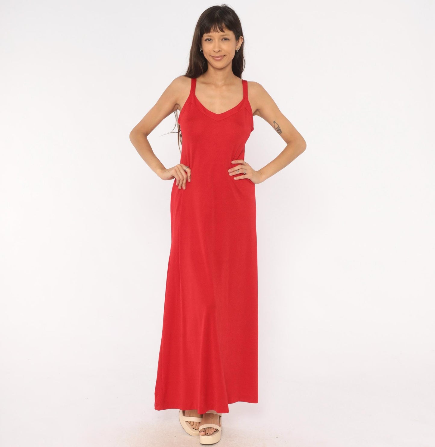 70s Red Maxi Dress V Neck A-Line Slip Gown Strappy Tank Medium M