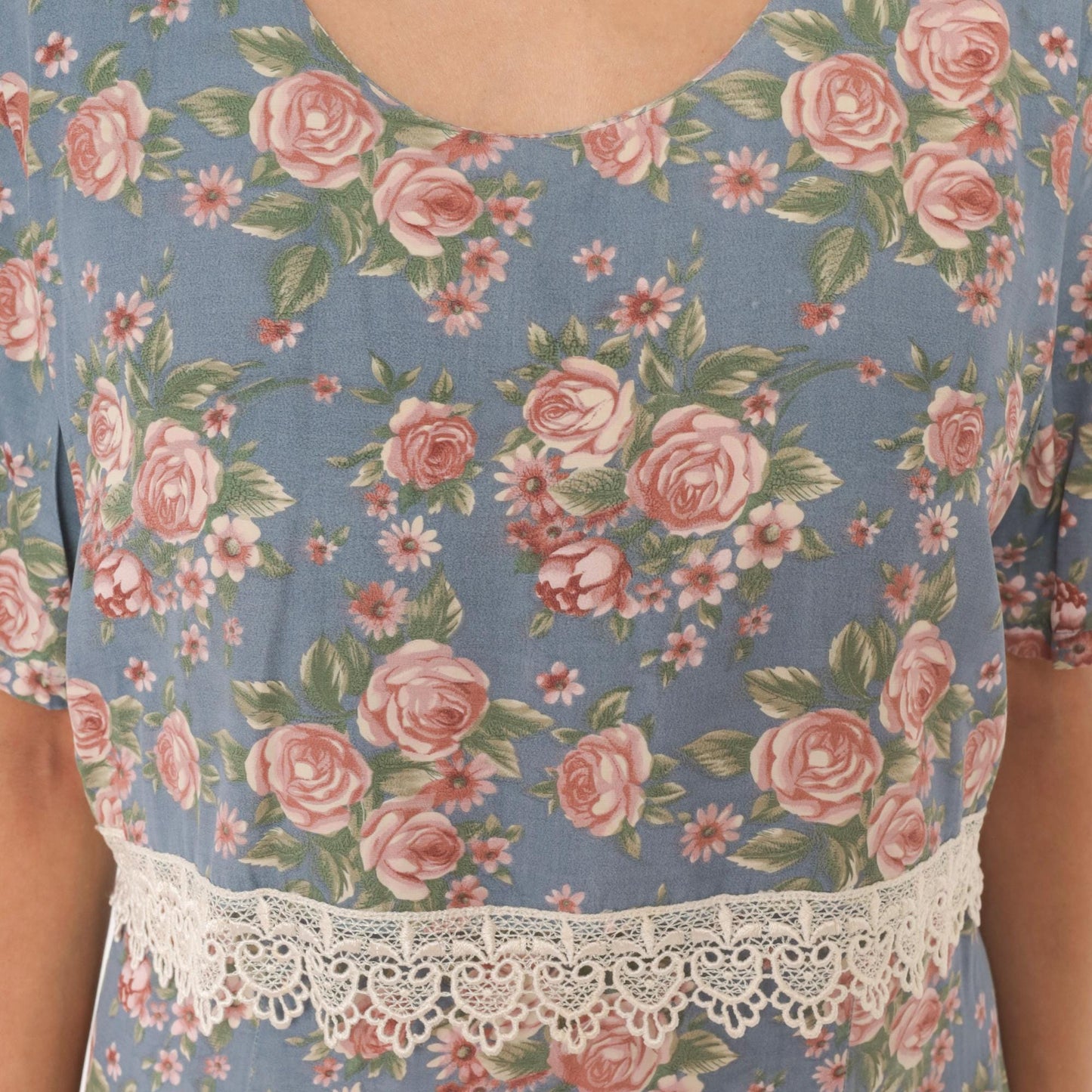 90s Ms. Basia California Floral Dress Dusty Blue Rose Print Flutter Sleeve Large L