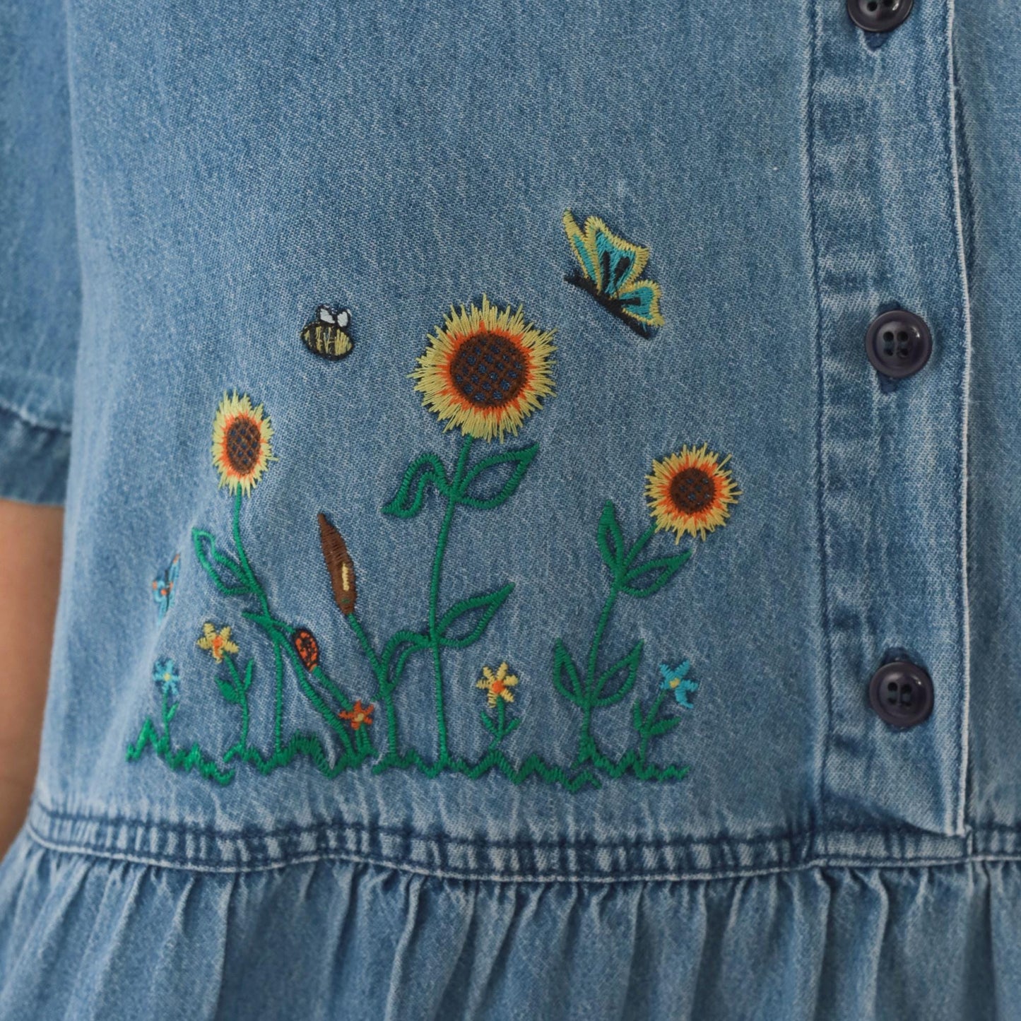 90s Bobbie Brooks Denim Babydoll Dress Sunflower Embroidered Peter Pan Collar Large L