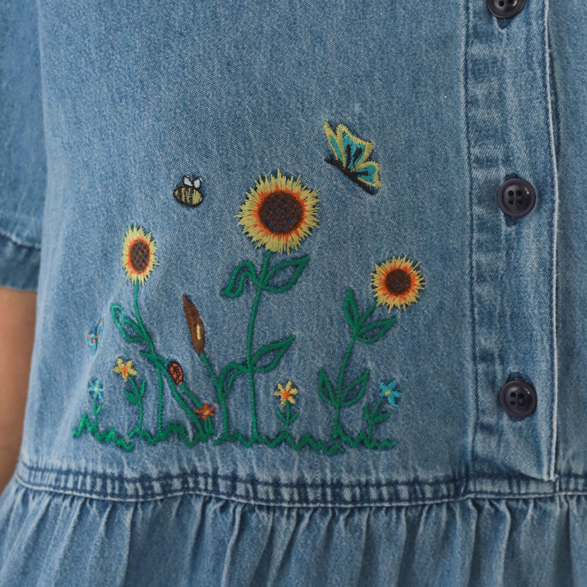 90s Bobbie Brooks Denim Babydoll Dress Sunflower Embroidered Peter Pan Collar Large L