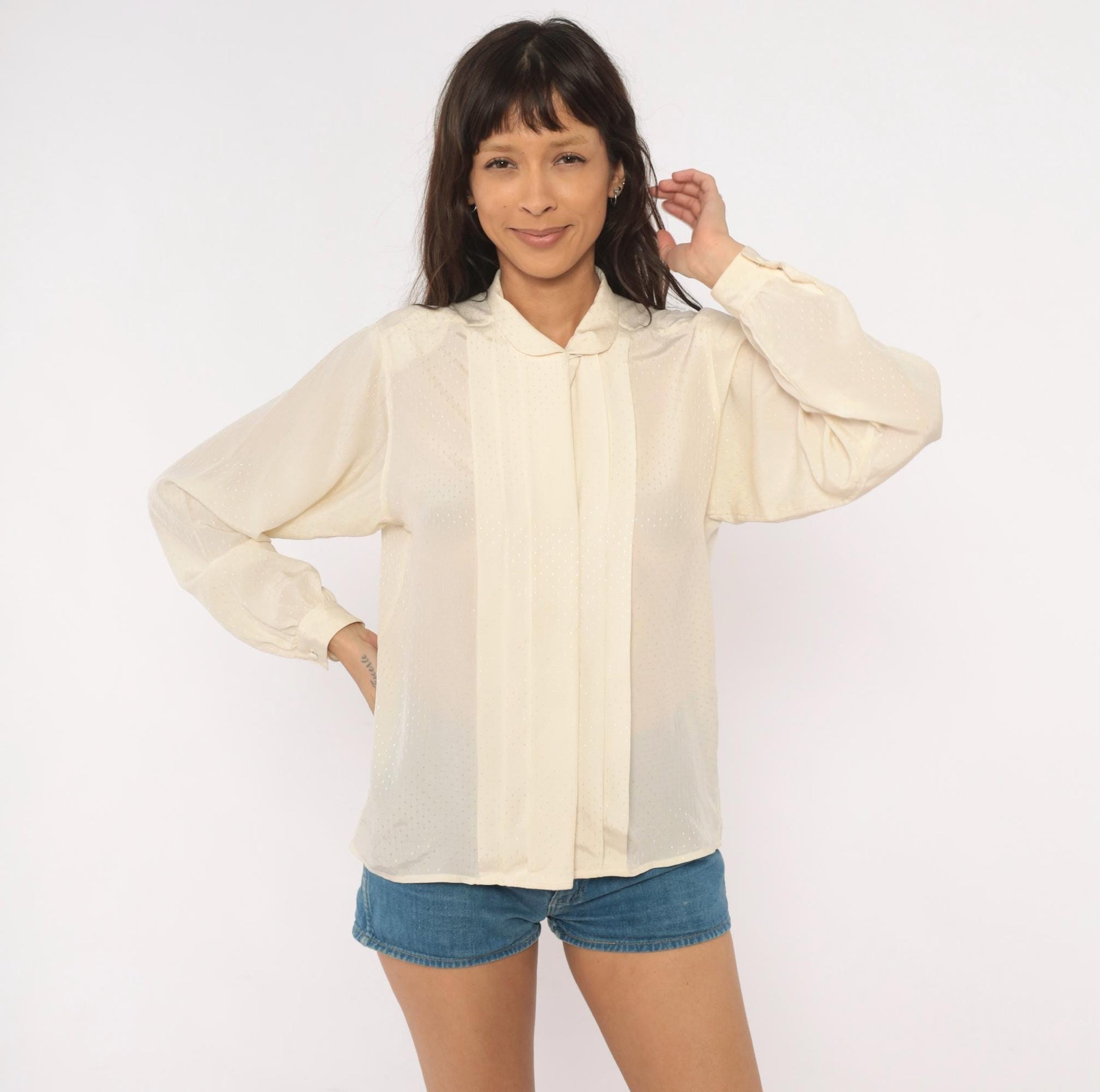 80s Country Suburbans Cream Swiss Dot Blouse Peter Pan Collar Small