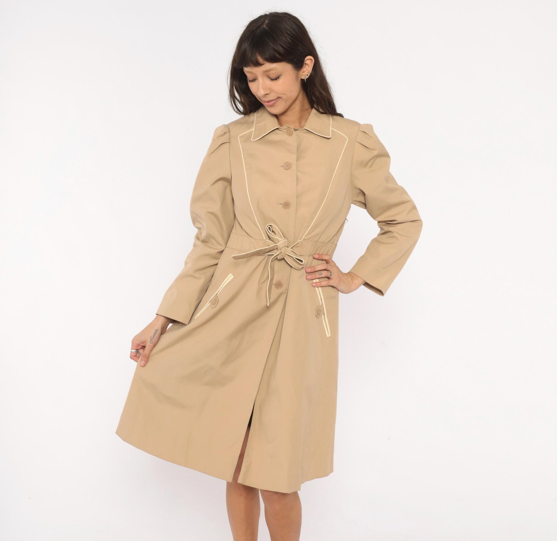 80s Windy Weather Tan Trench Coat Puff Sleeve Knee-Length Medium M