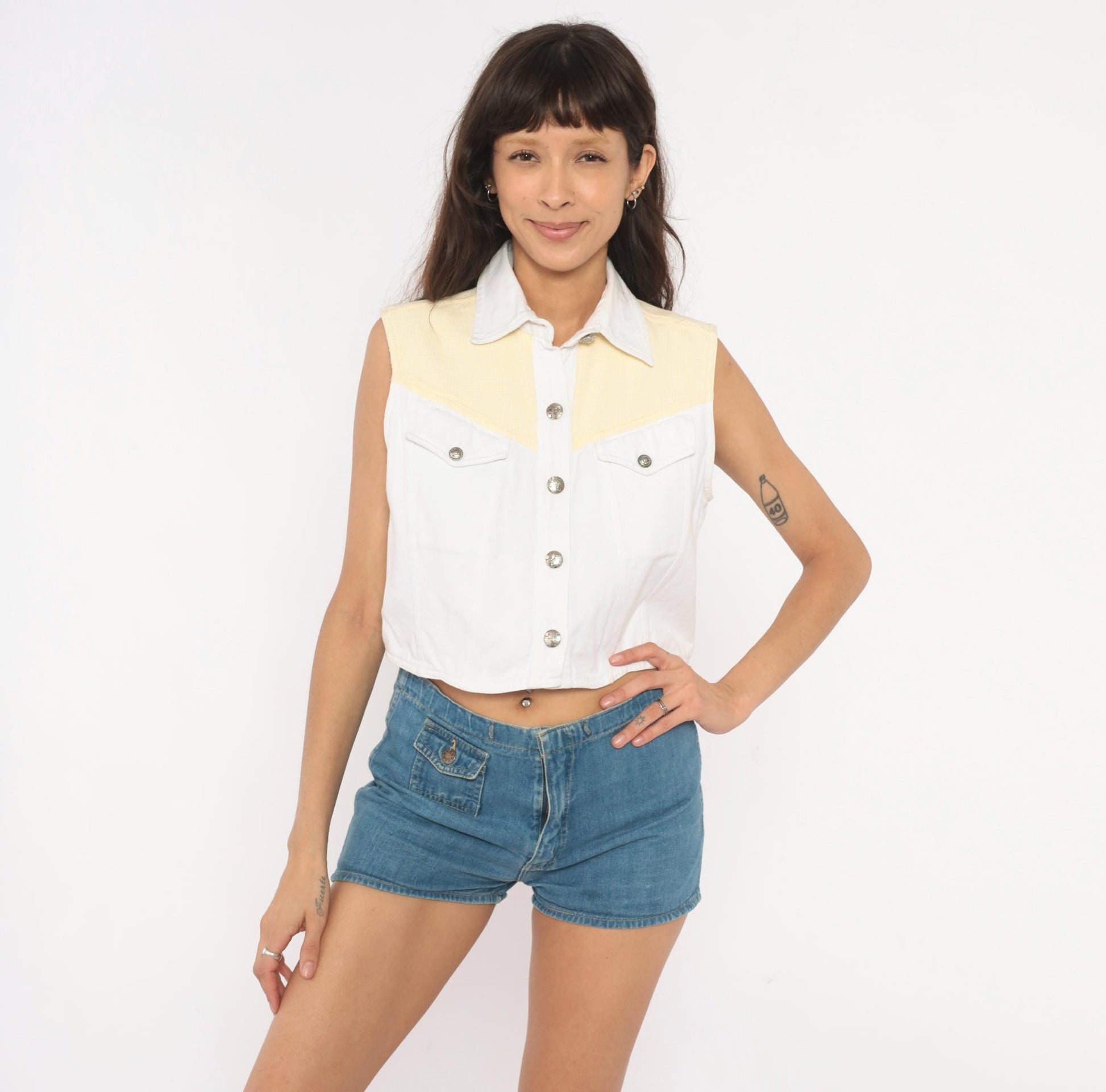90s Ozark Western Crop Vest White Yellow Gingham Cotton Concho Medium M