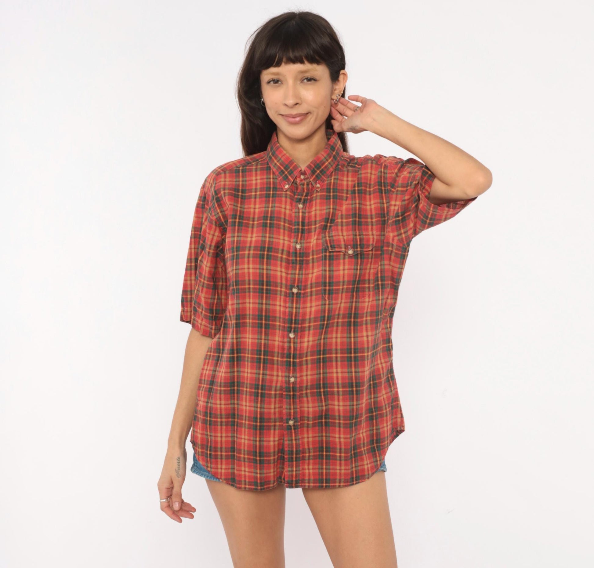 90s Resilio Red Plaid Cotton Button-Down Shirt Short Sleeve Small